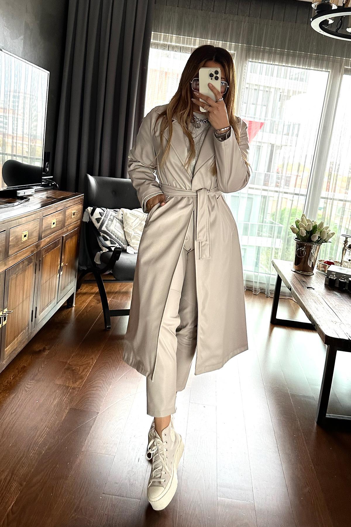 Deri Kuşaklı Trenchcoat Taş