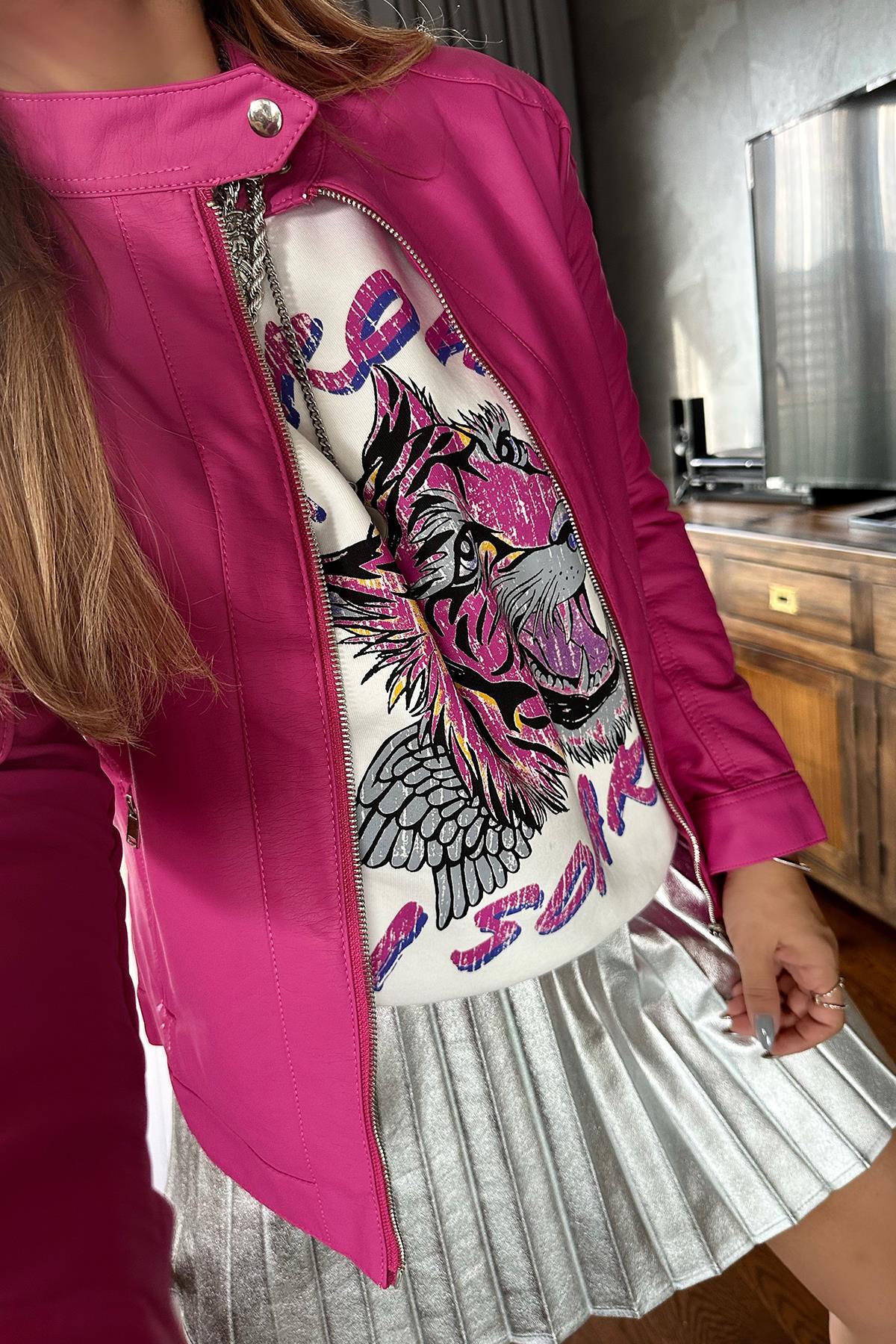 Deri Slim Fit Ceket Fuşya