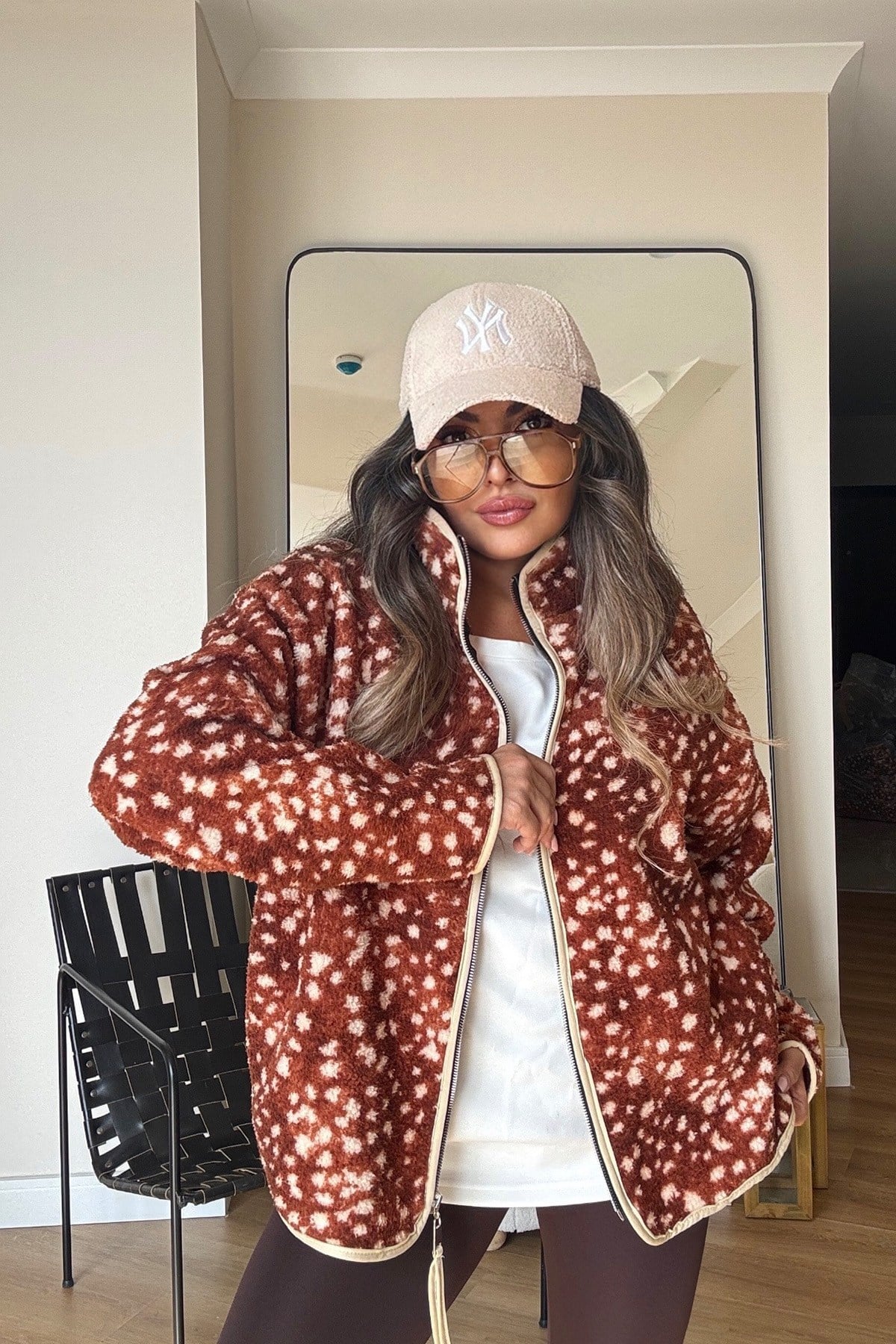 Dik Yaka Fermuarlı Bambi Teddy Ceket ekru taba