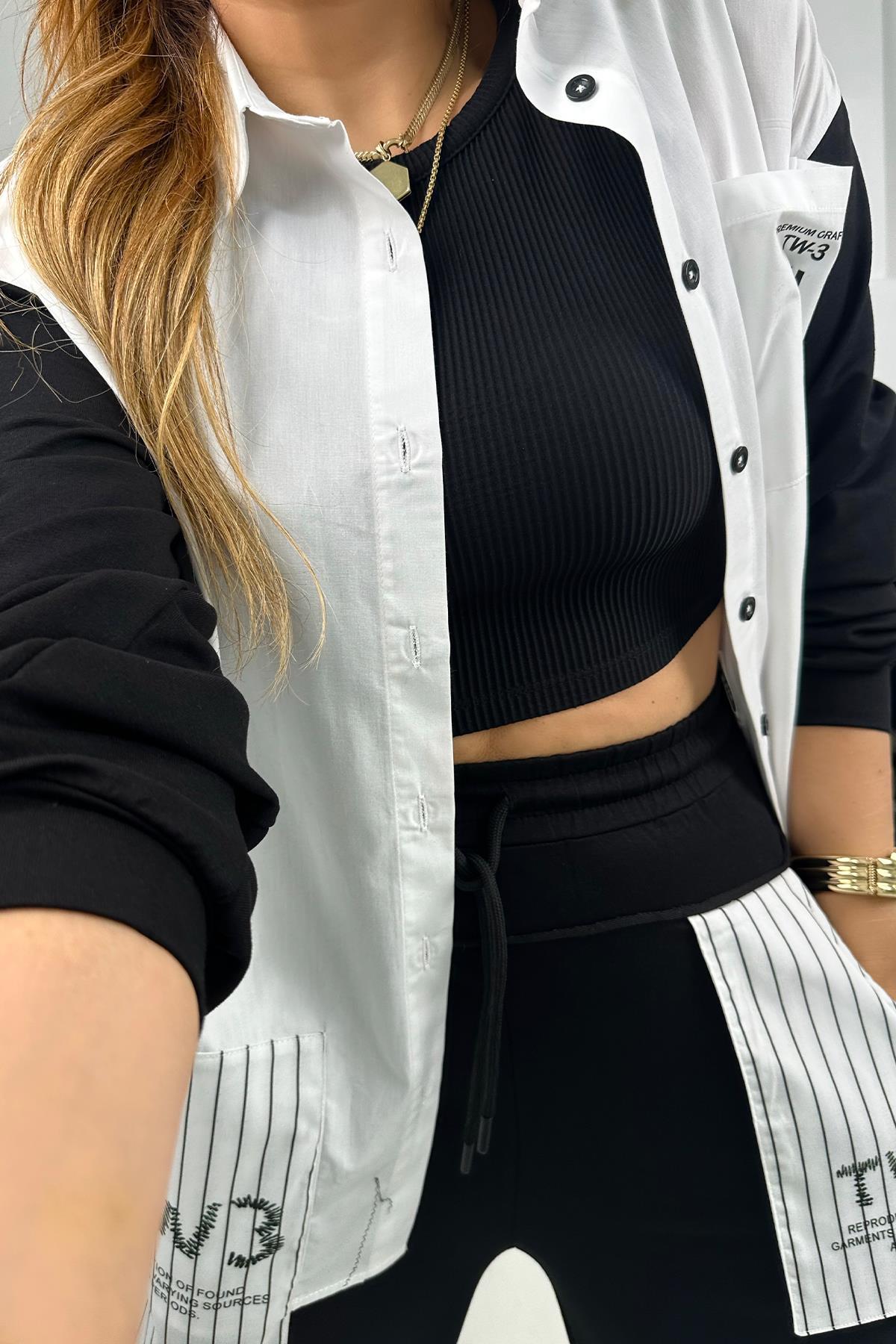 Dokulu Mayo Kumaş Crop Siyah