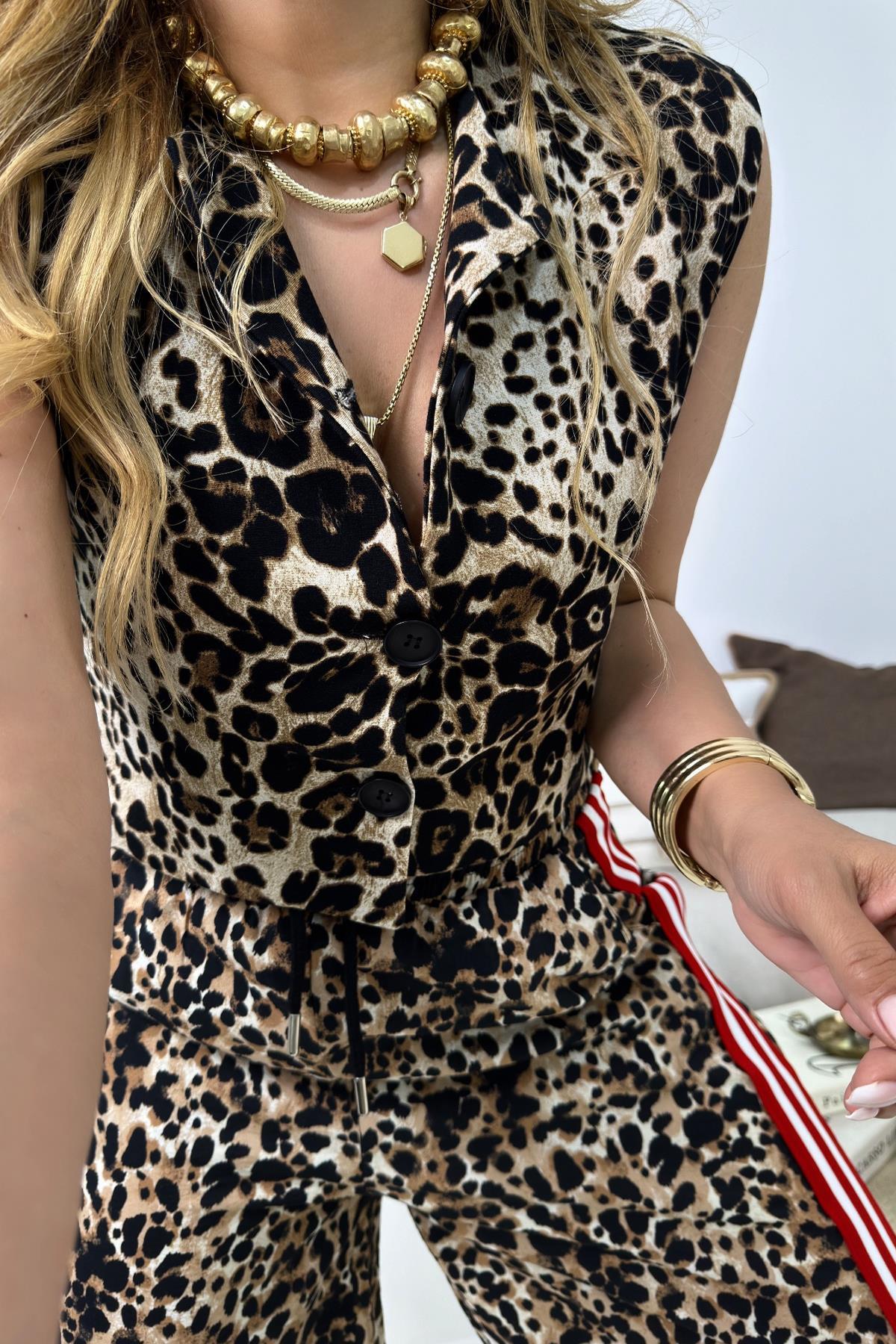 Dokuma Kumaş Leopar Yelek Leopar