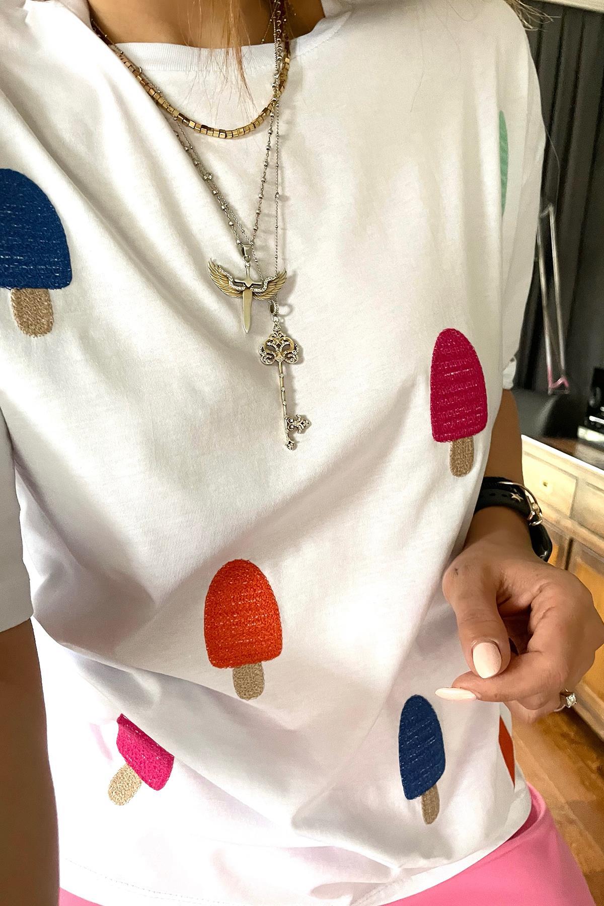 Dondurma Nakışlı Tshirt Beyaz
