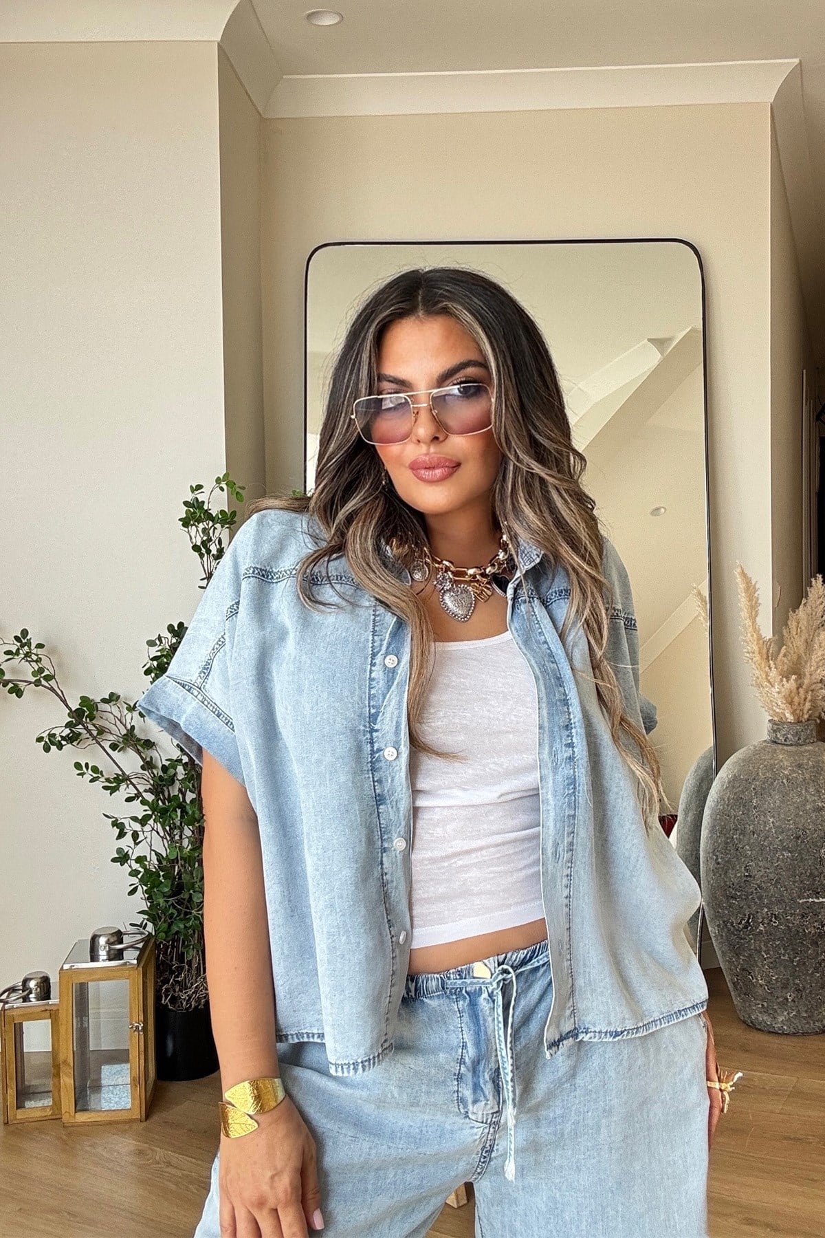Düşük Bel Tencel Denim Takım Açık Mavi