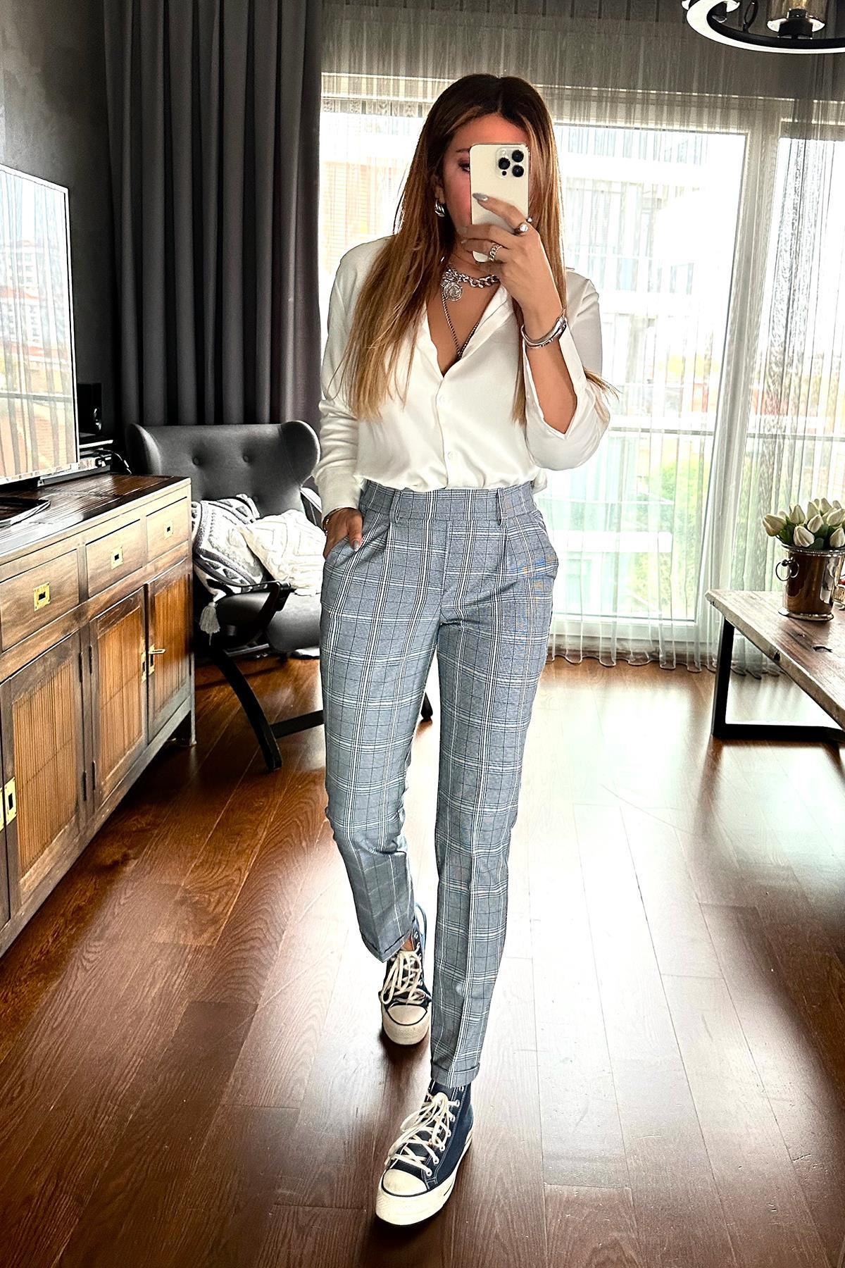 Ekose Çizgili Slim Fit Pantolon Lacivert-Beyaz