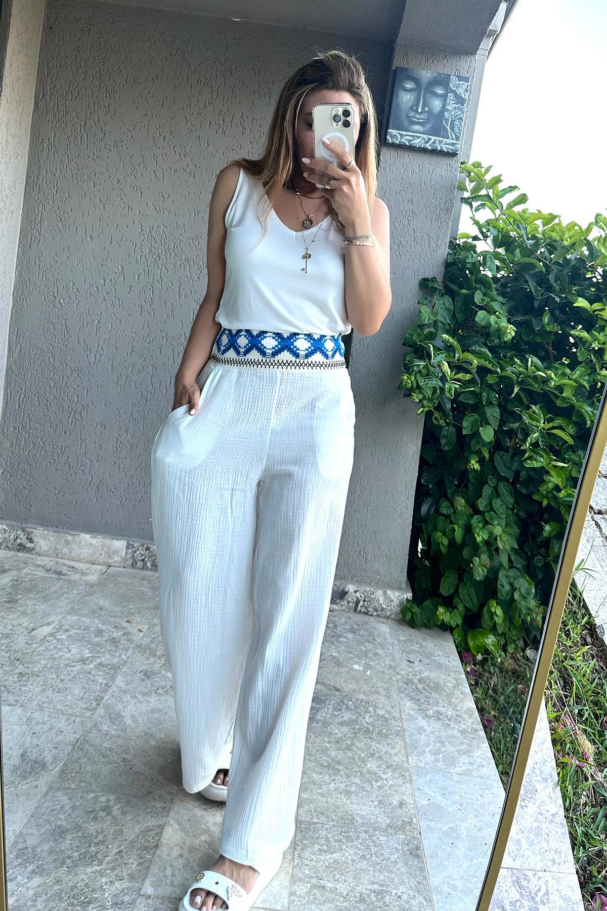 Etnik Detaylı Müslin Pantolon Beyaz