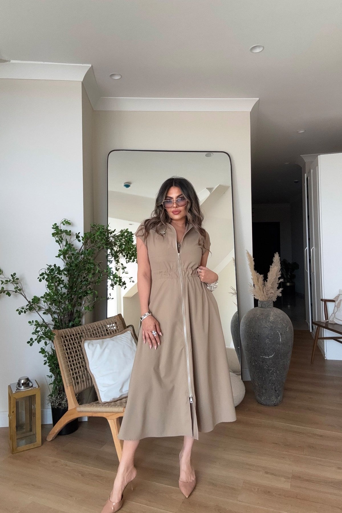 Fermuarlı Beli Lastikli Soft Touch Elbise Camel