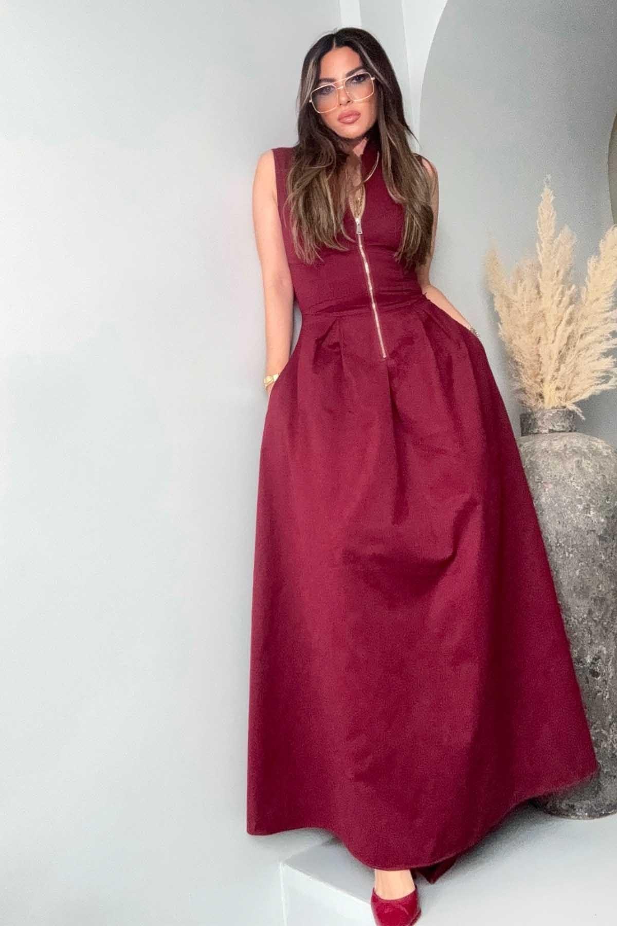 Fermuarlı Gabardin Kumaş Elbise Bordo