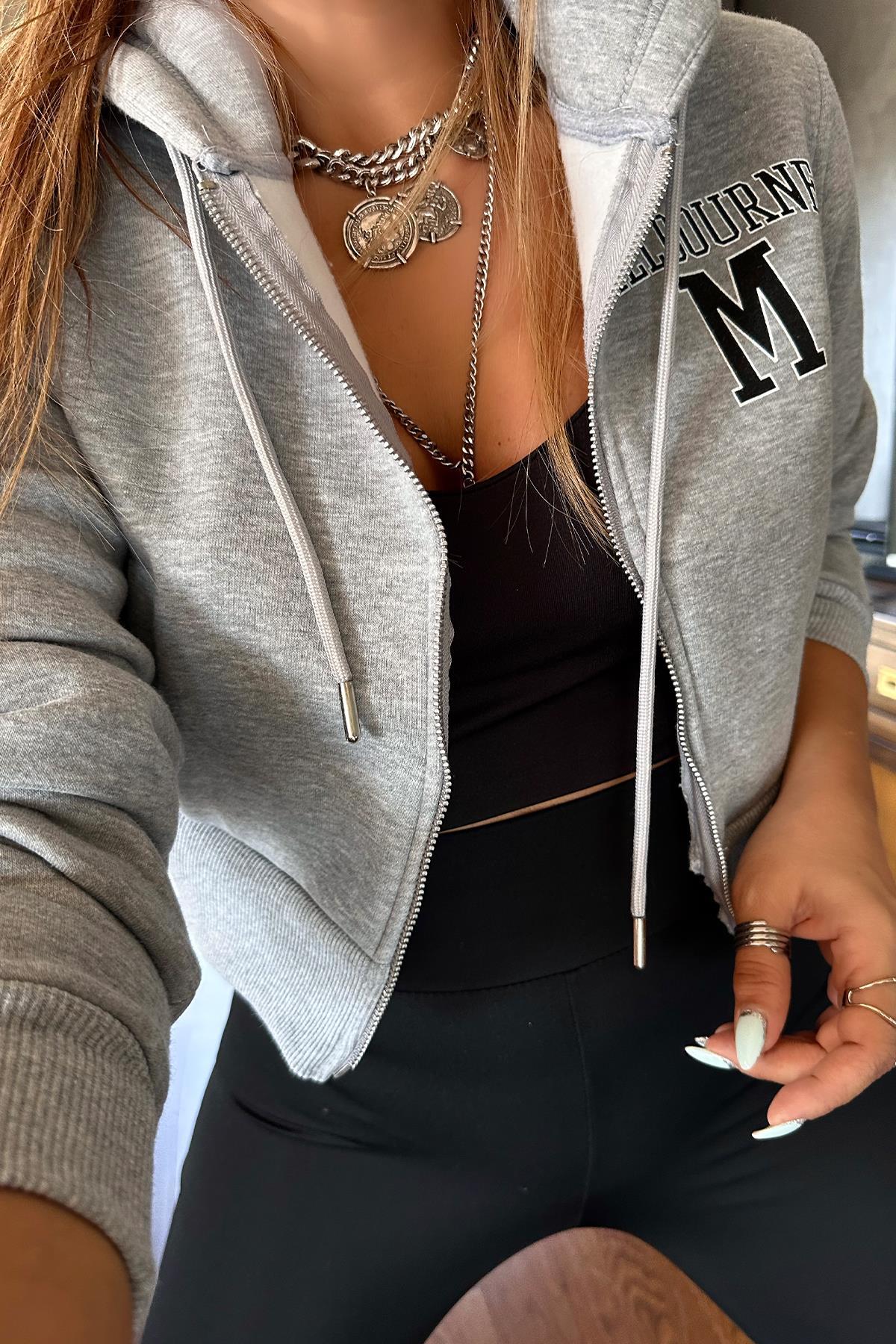 Fermuarlı Kısa Sweatshirt Gri