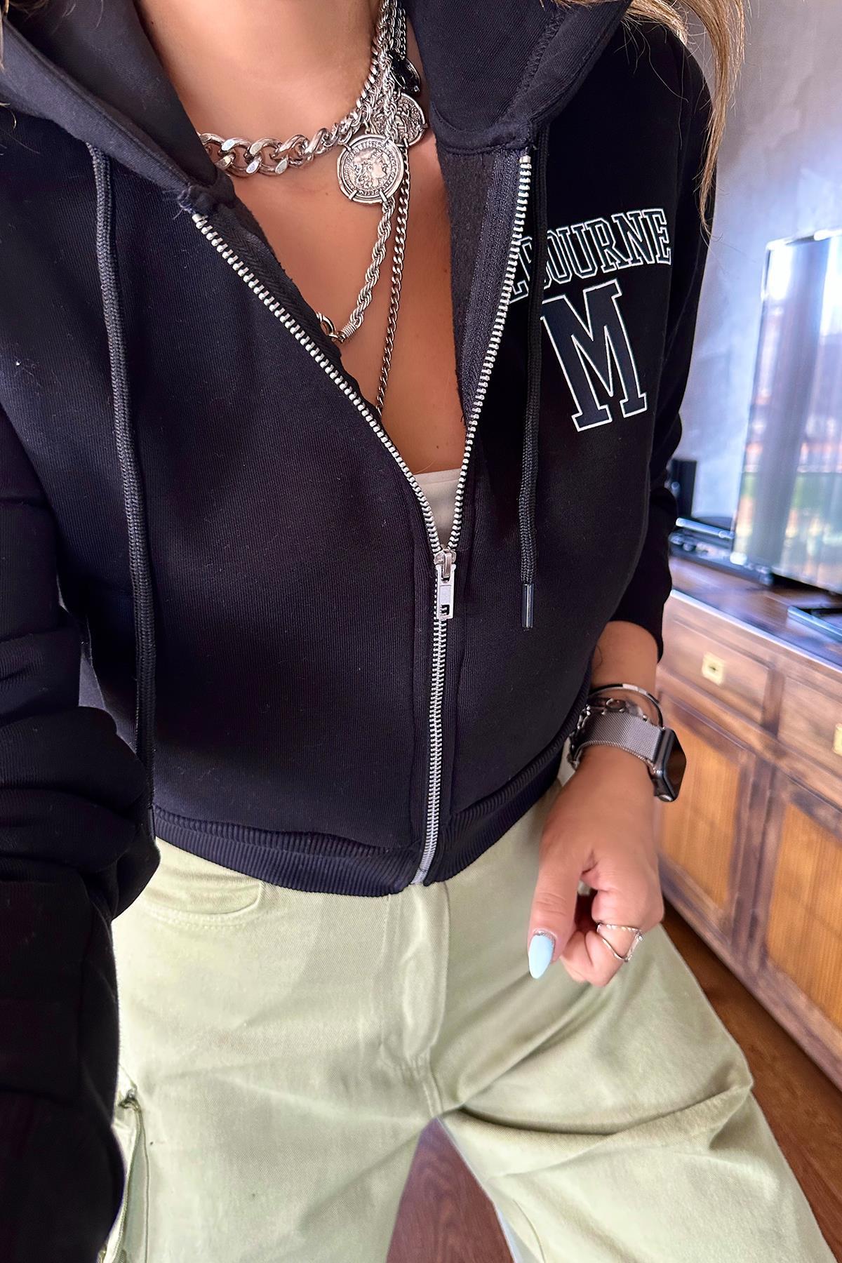 Fermuarlı Kısa Sweatshirt Siyah