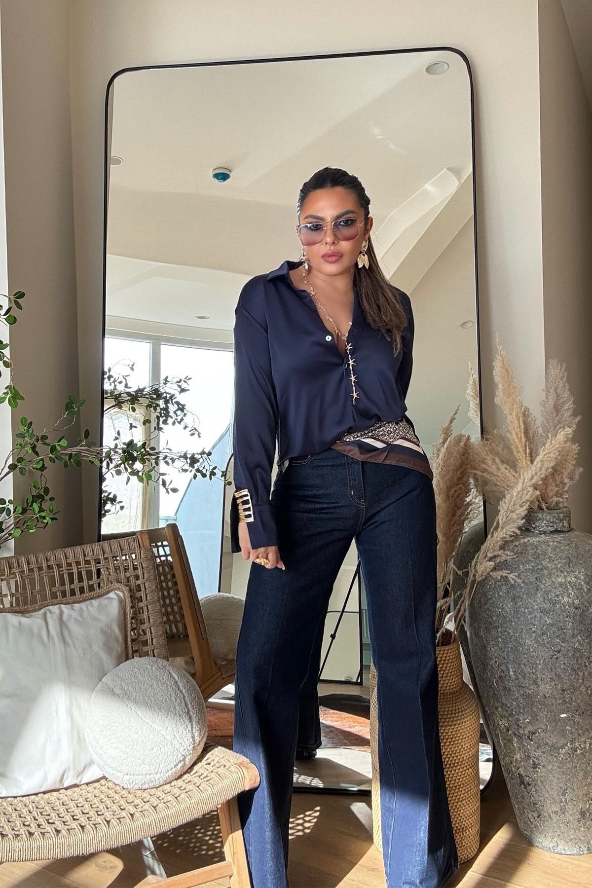 Fularlı Flare Paça Jean Lacivert