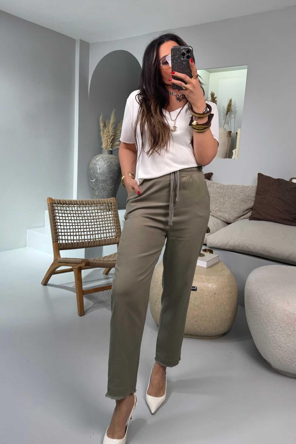 Gabardin Havuç Model Beli Lastikli Pantolon Haki