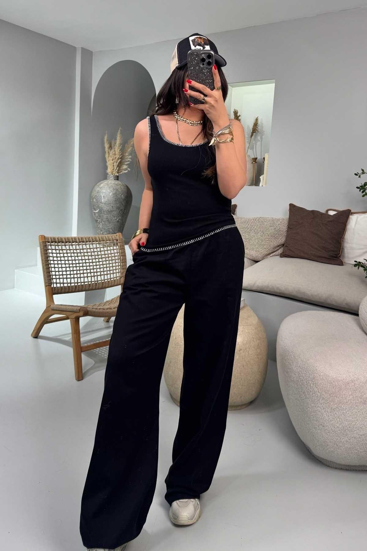 Gabardin Kumaş Beli Lastikli Palazzo Pantolon Siyah