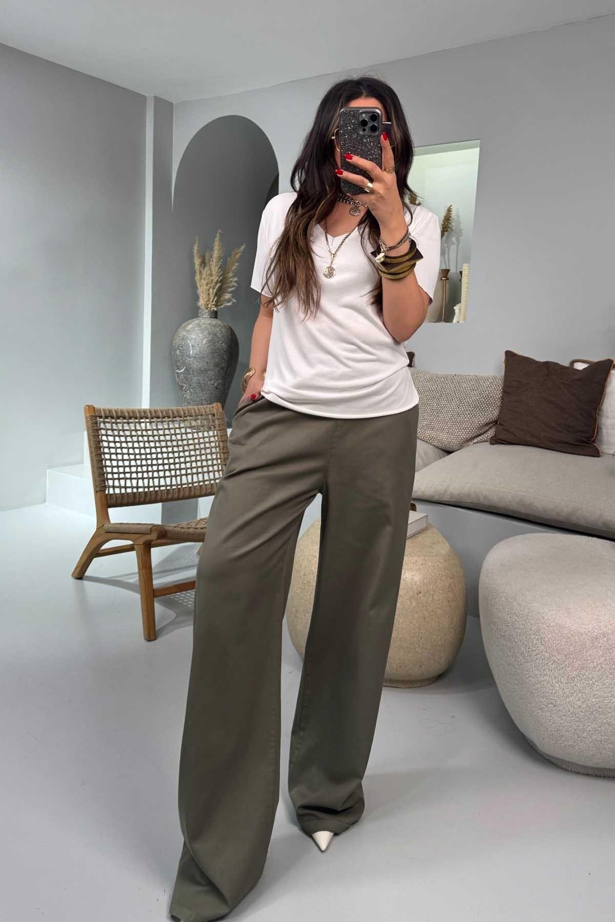 Gabardin Kumaş Beli Lastikli Palazzo Pantolon Haki