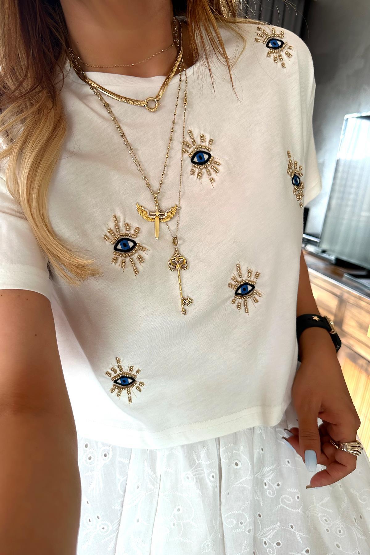 Gold Boncuklu Göz Tshirt Ekru
