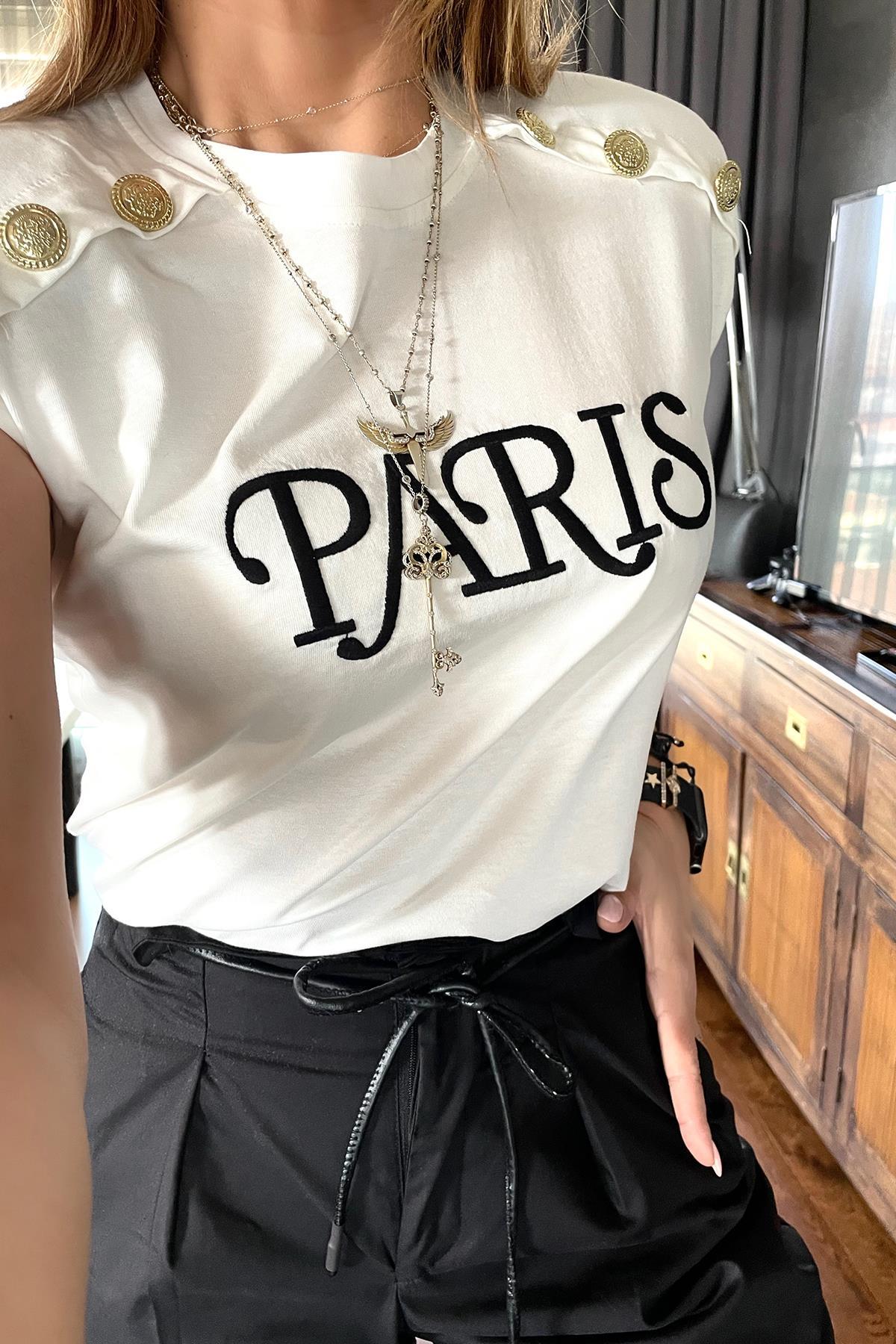 Gold Düğme Detay Paris Vatkalı Tshirt Ekru