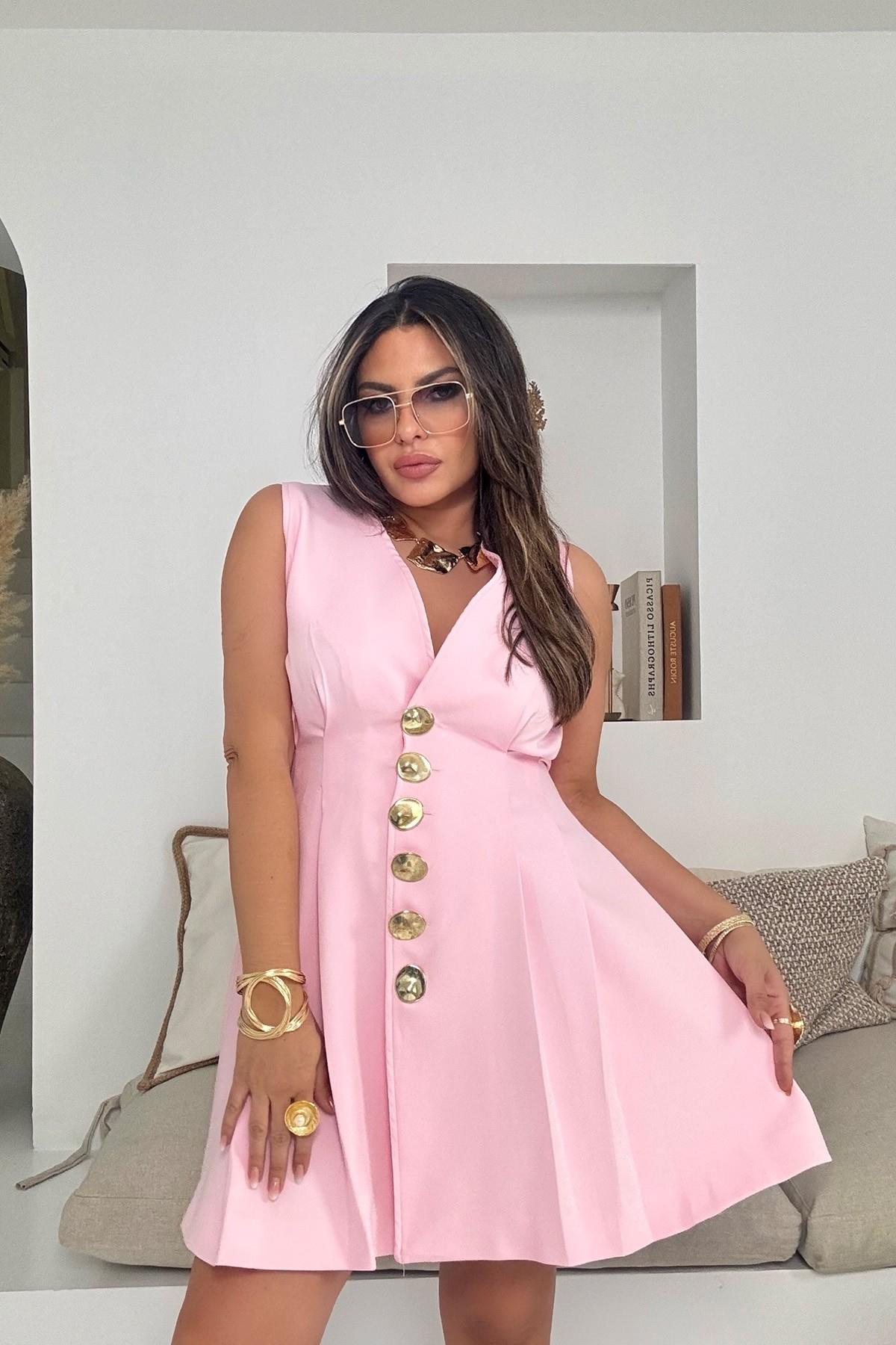 Gold Düğme Detay Pensli Elbise Pembe