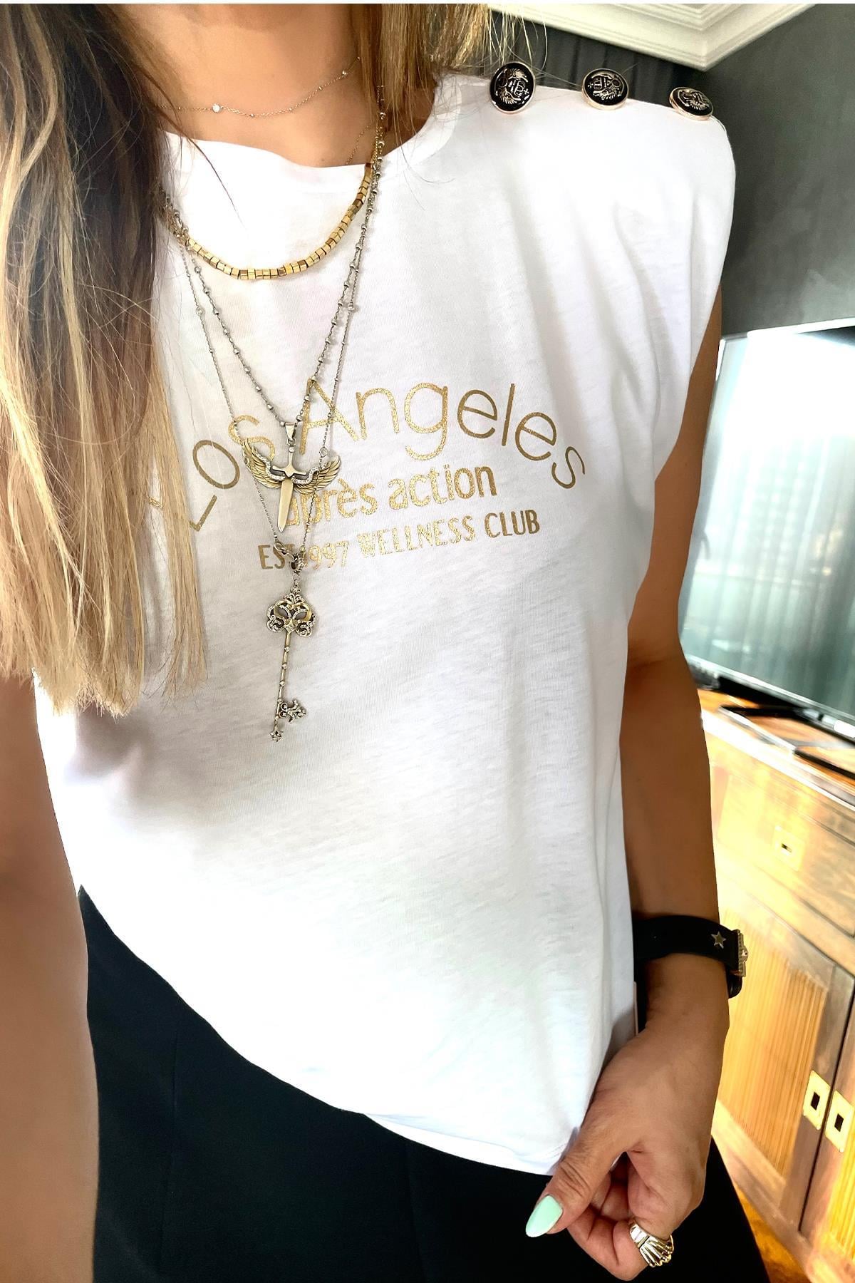 Gold Düğme Detaylı Vatkalı Tshirt Beyaz