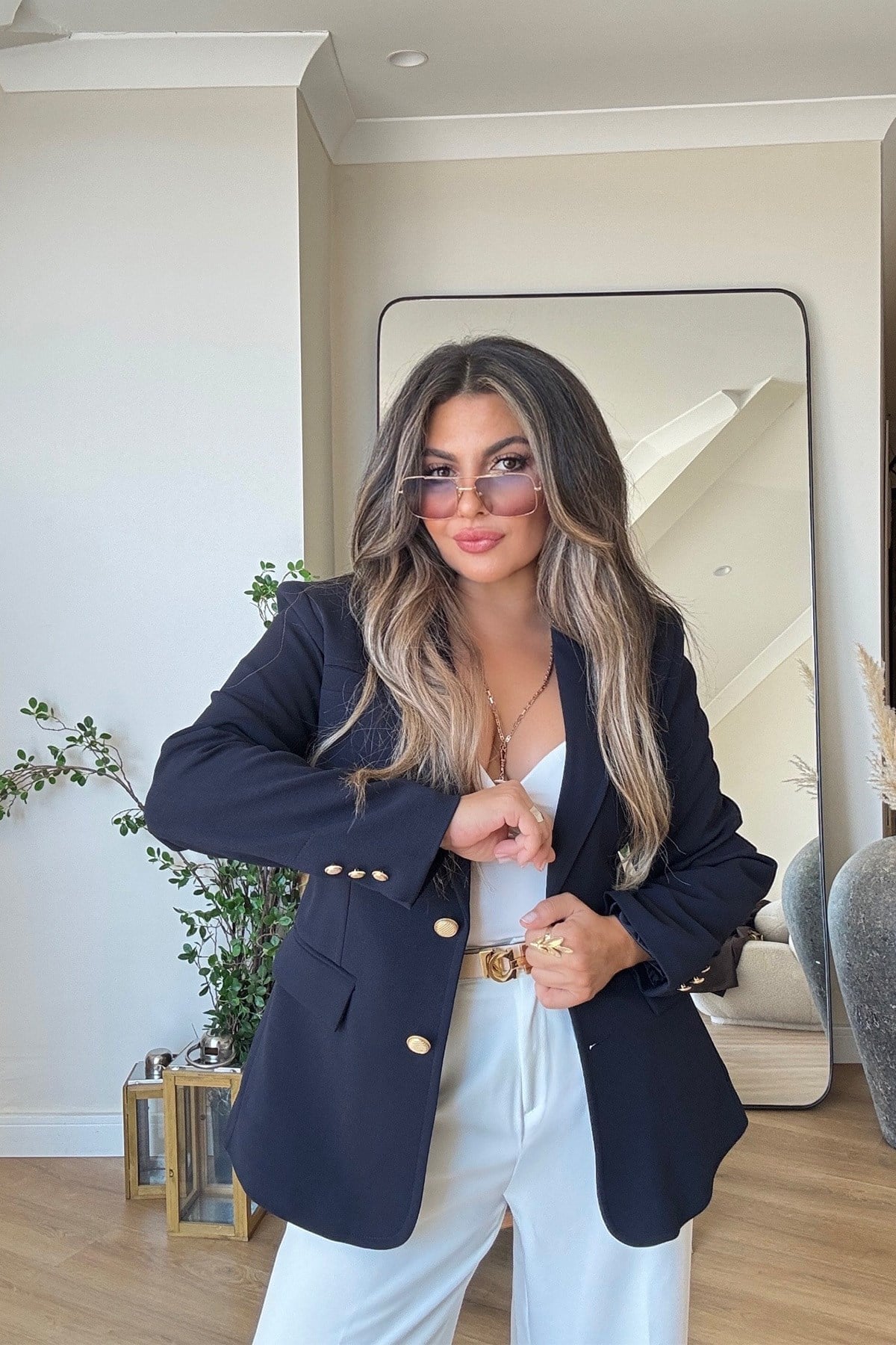 Gold Düğmeli Slim Fit Blazer Ceket Lacivert