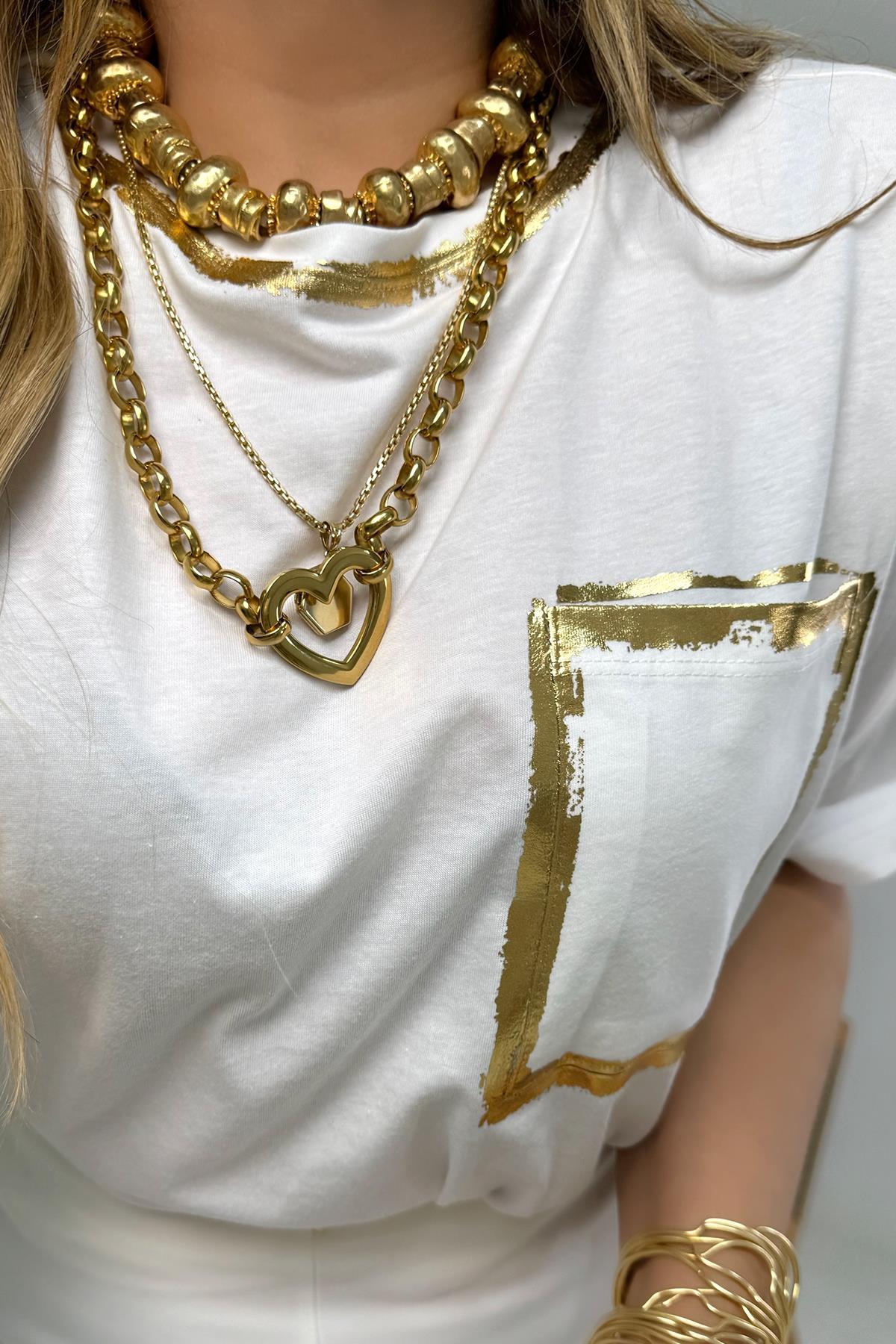 Gold Varak Kenarlı Tshirt Ekru