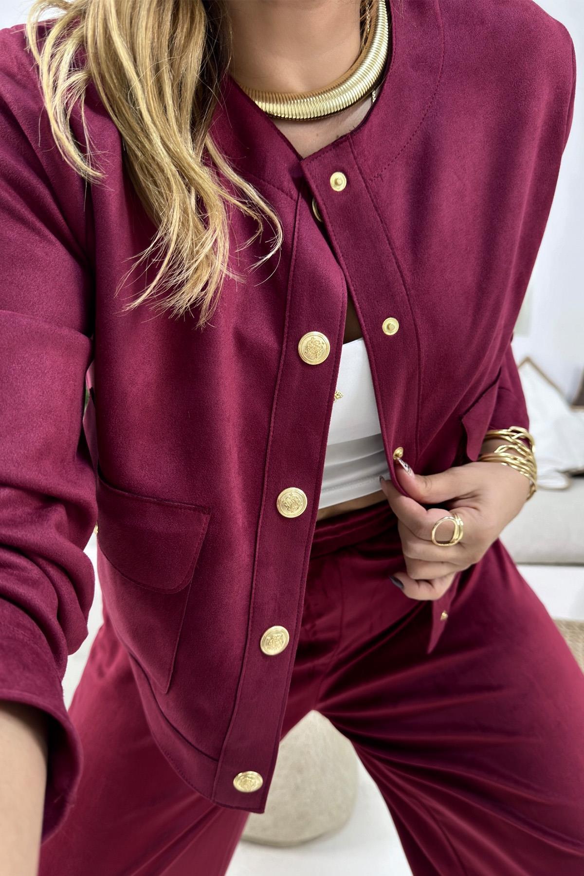 Güderi Gold Düğmeli Cepli Ceket Bordo