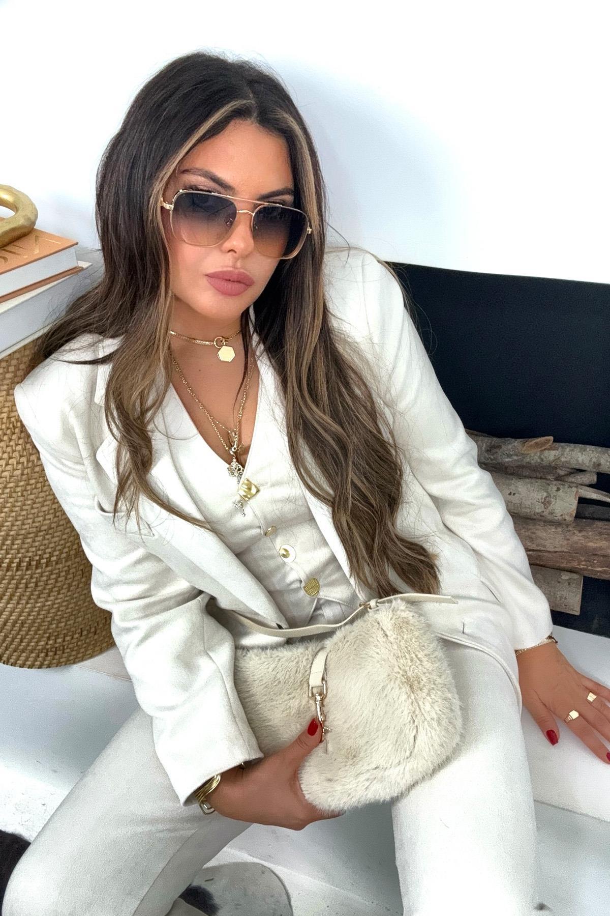 Güderi Kapaklı Cep Detay Blazer Ceket Ekru