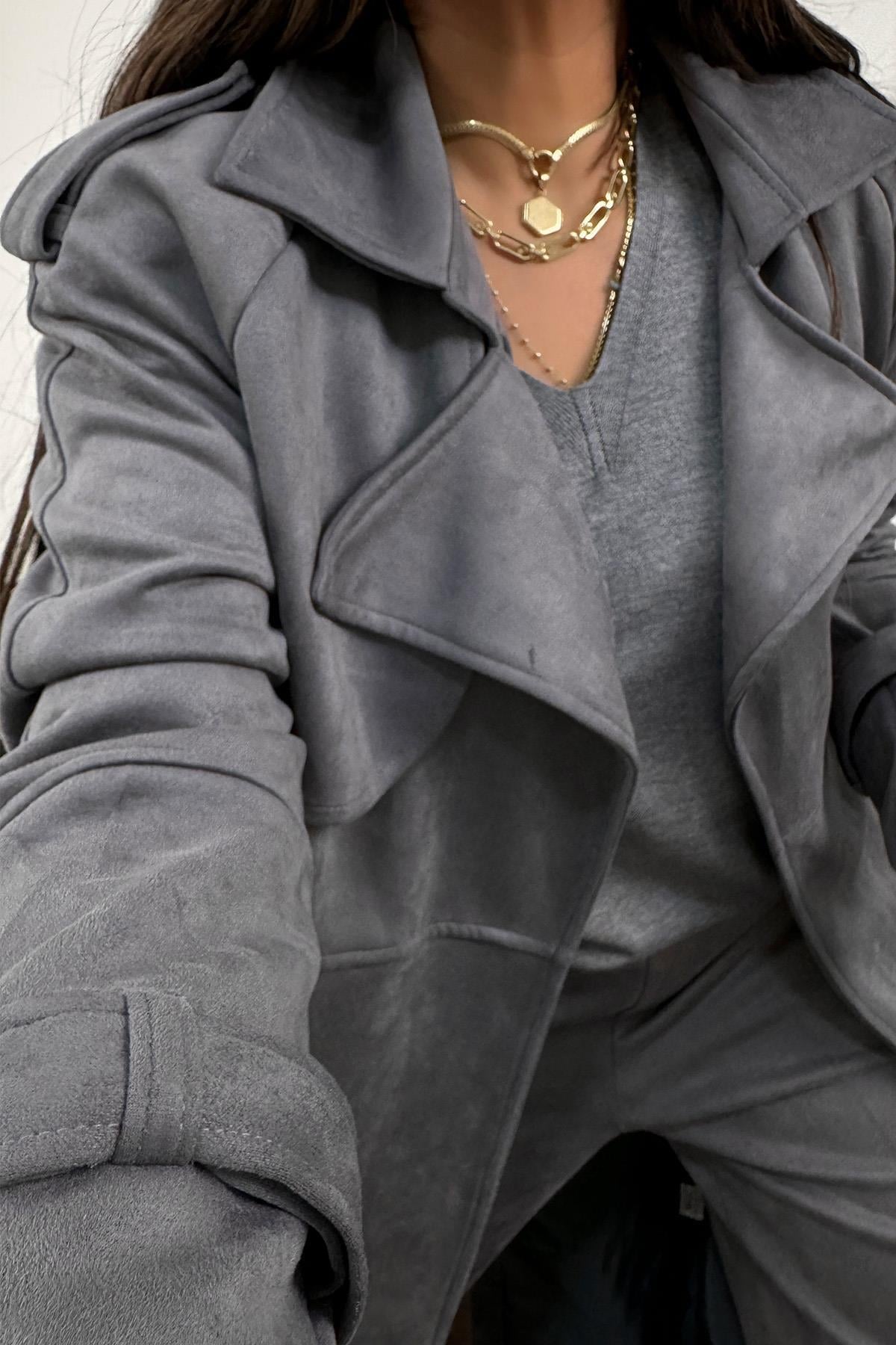 Güderi Trenchcoat Model Kaban Gri