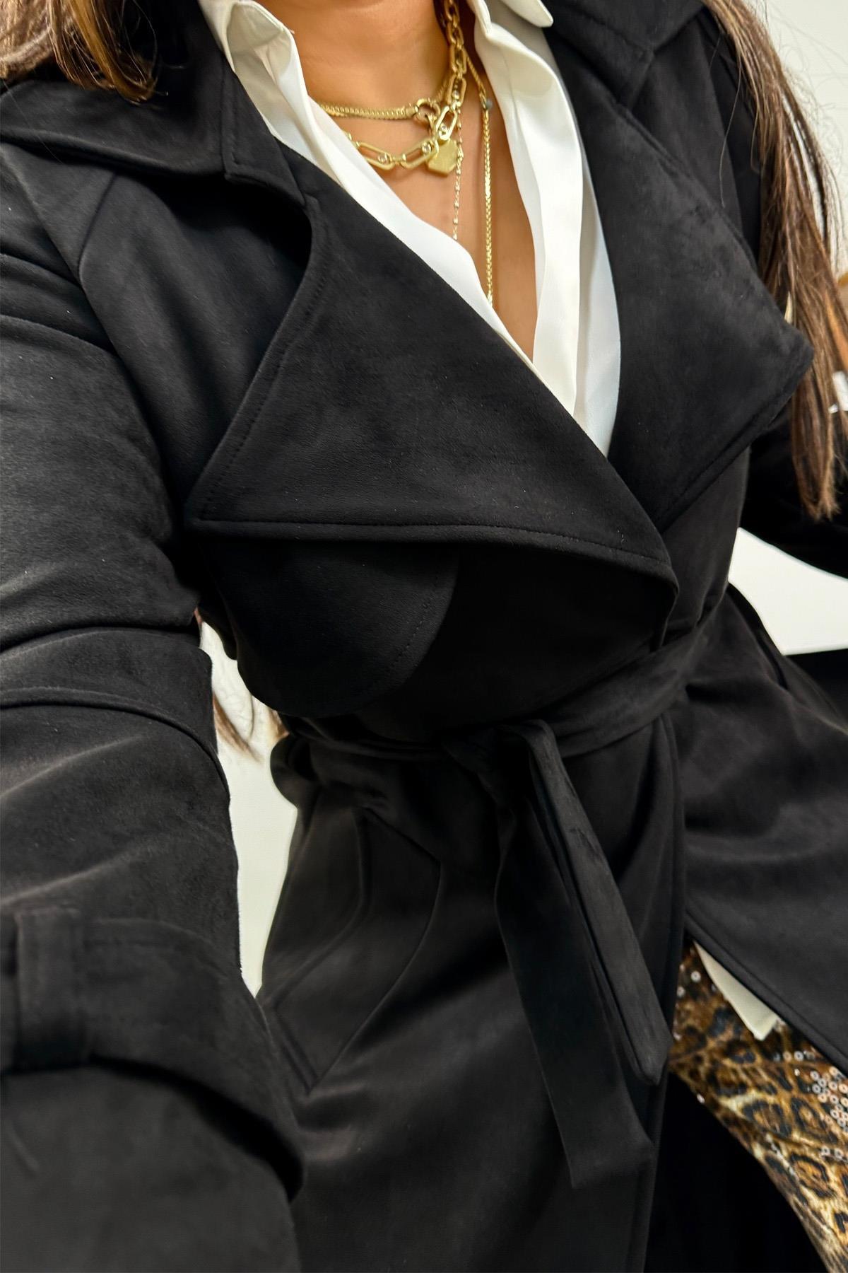 Güderi Trenchcoat Model Kaban Siyah