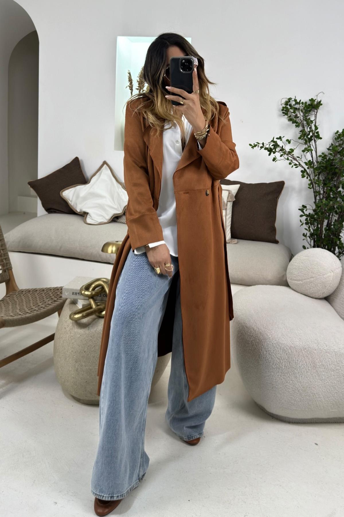 Güderi Uzun Trençkot Camel