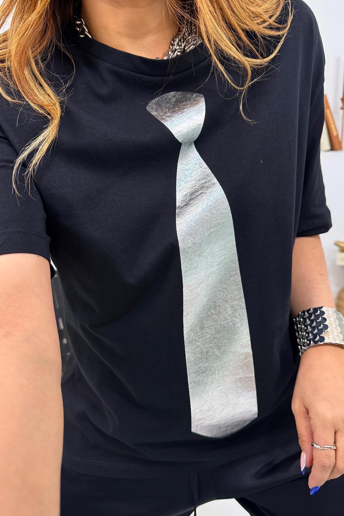 Gümüş Kravat Baskılı Tshirt Siyah