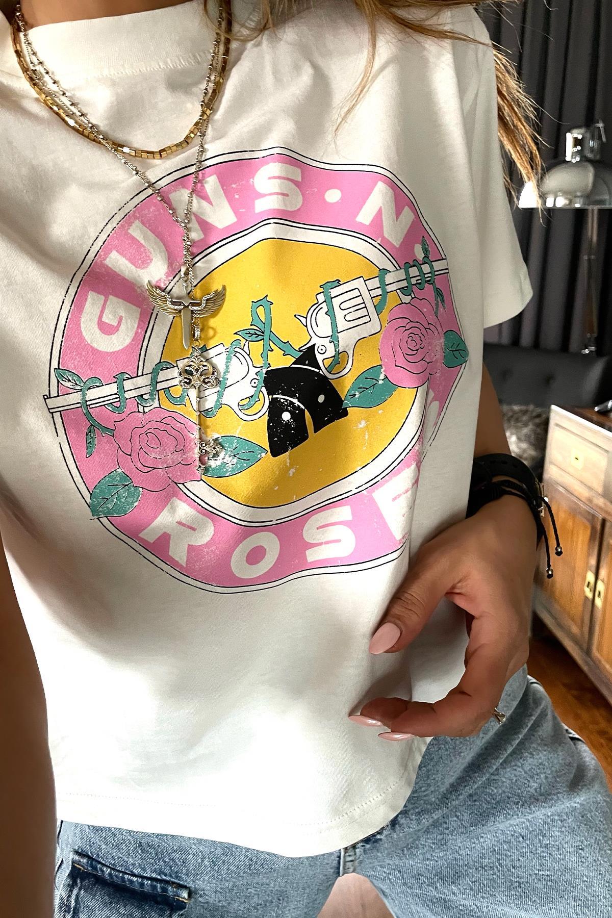 Guns Roses Baskılı Tshirt Ekru