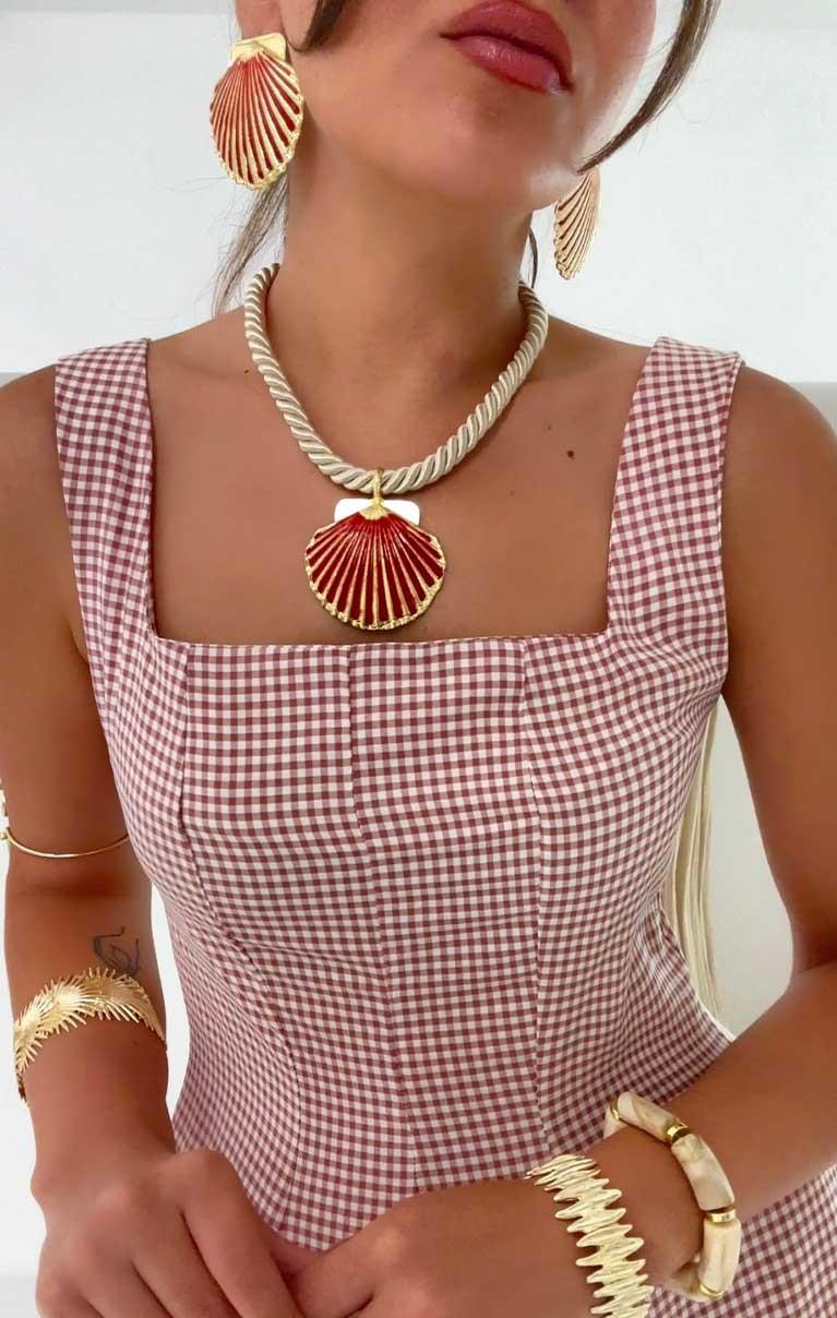 Halatlı Deniz Kabuğu Kolye-Küpe Set Kırmızı