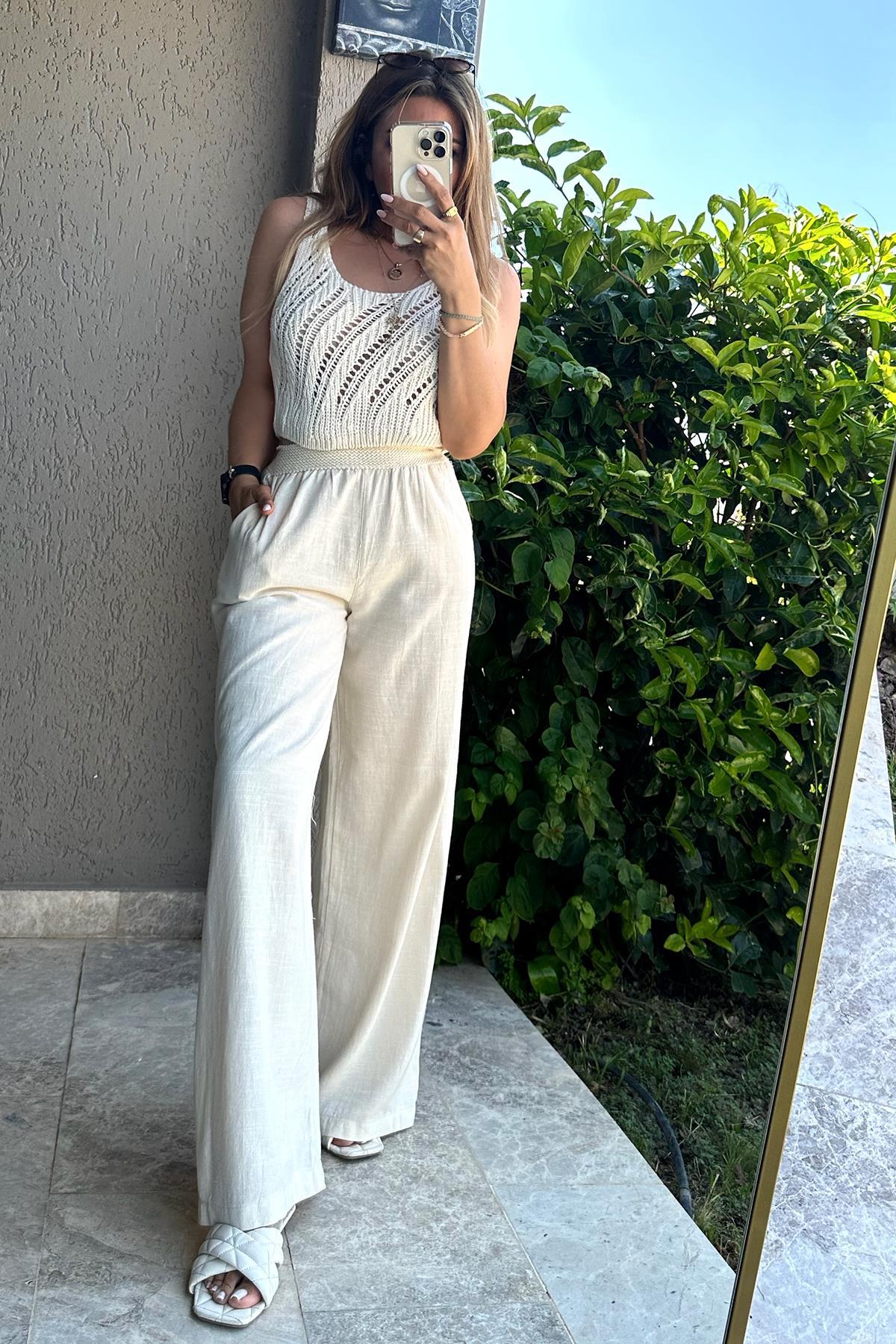 Hasır Lastik Detaylı Pantolon Krem