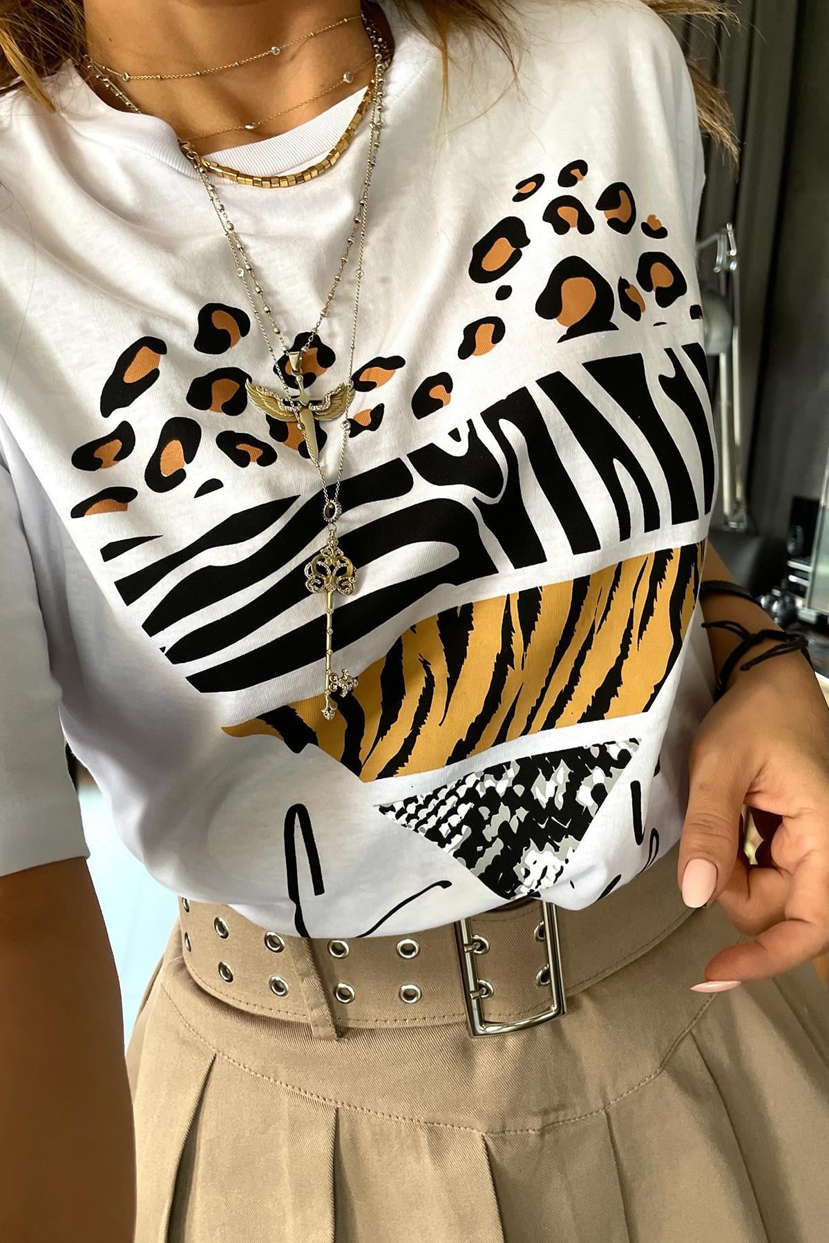 Hayvan Desenli Tshirt Beyaz