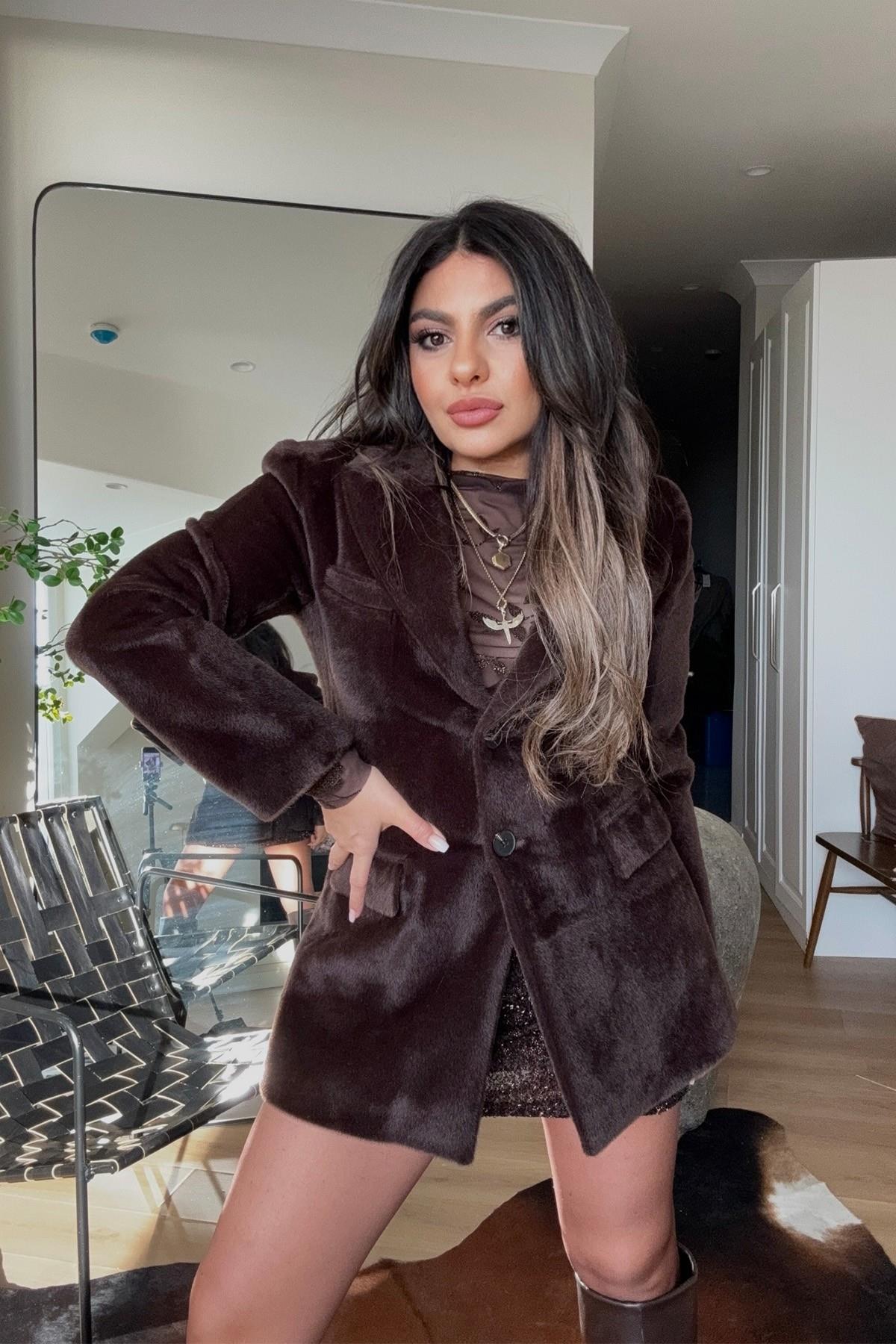 İki Düğmeli Kürk Blazer Ceket Acı Kahve