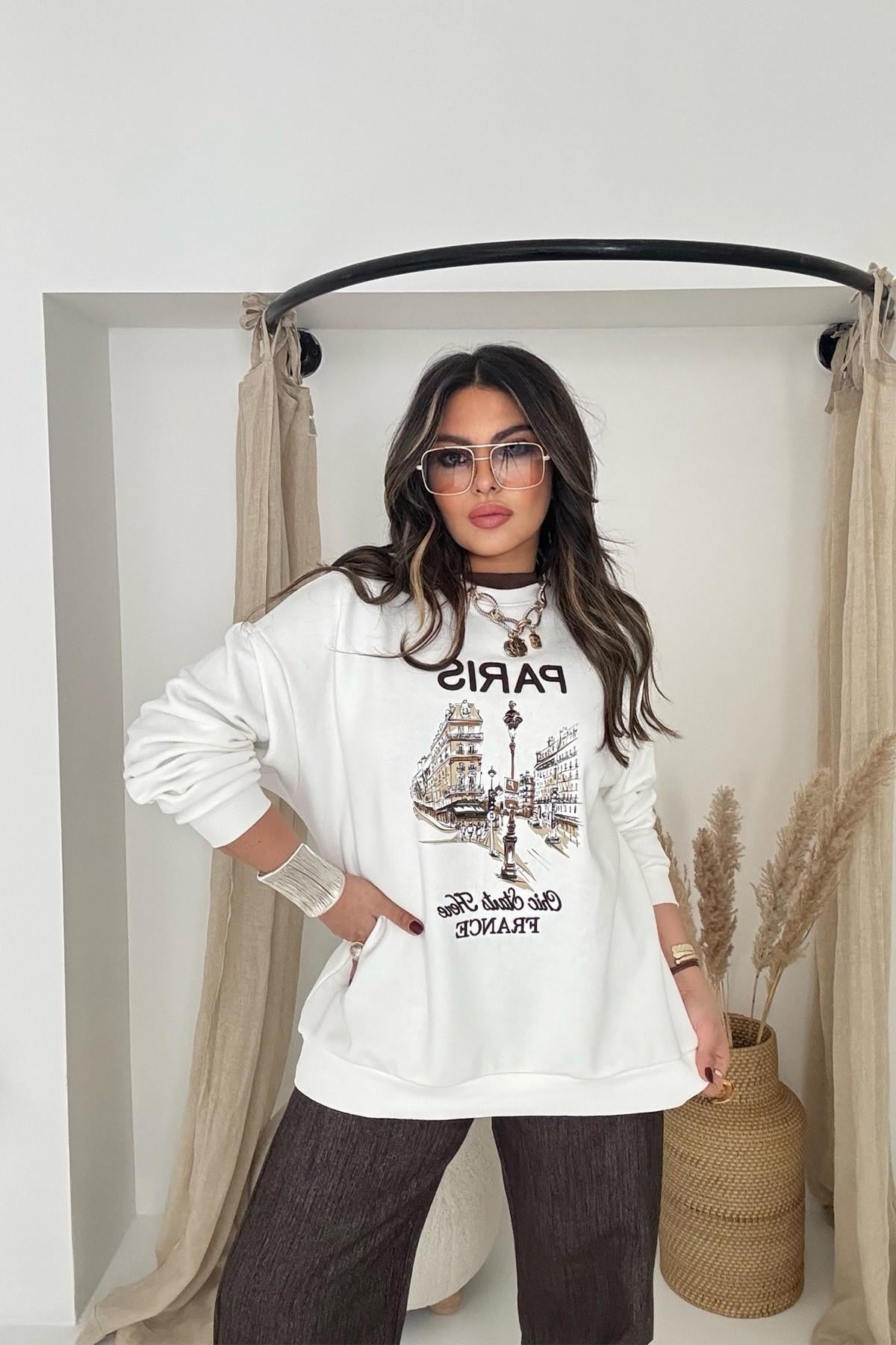 İşlemeli Paris Sweatshirt Ekru