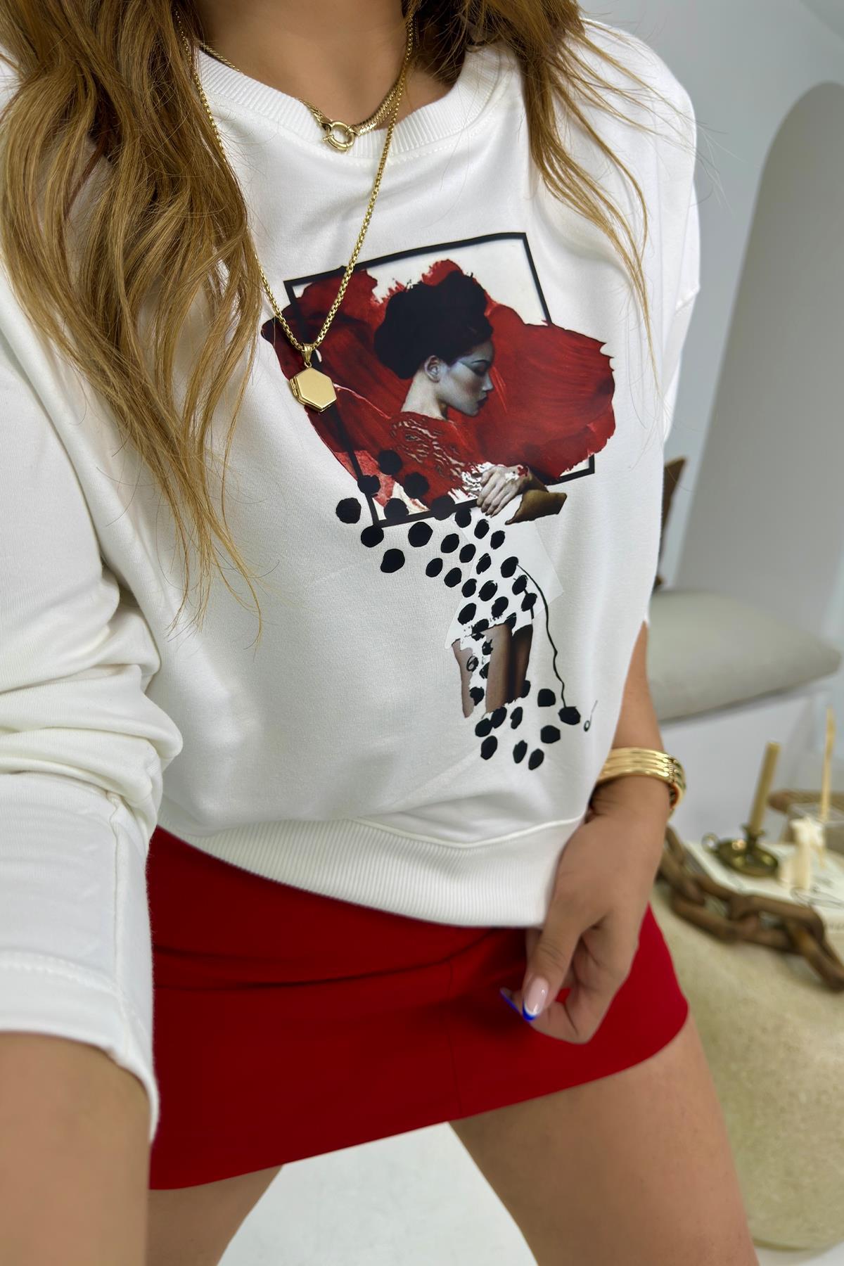 Japon Kadın Baskılı İnce Sweatshirt Ekru