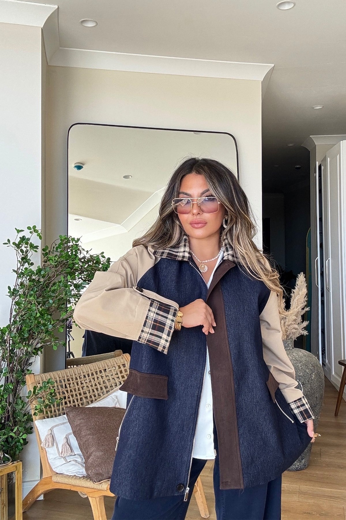 Jean Garnili Kareli Yaka Trenhcoat lacivert bej