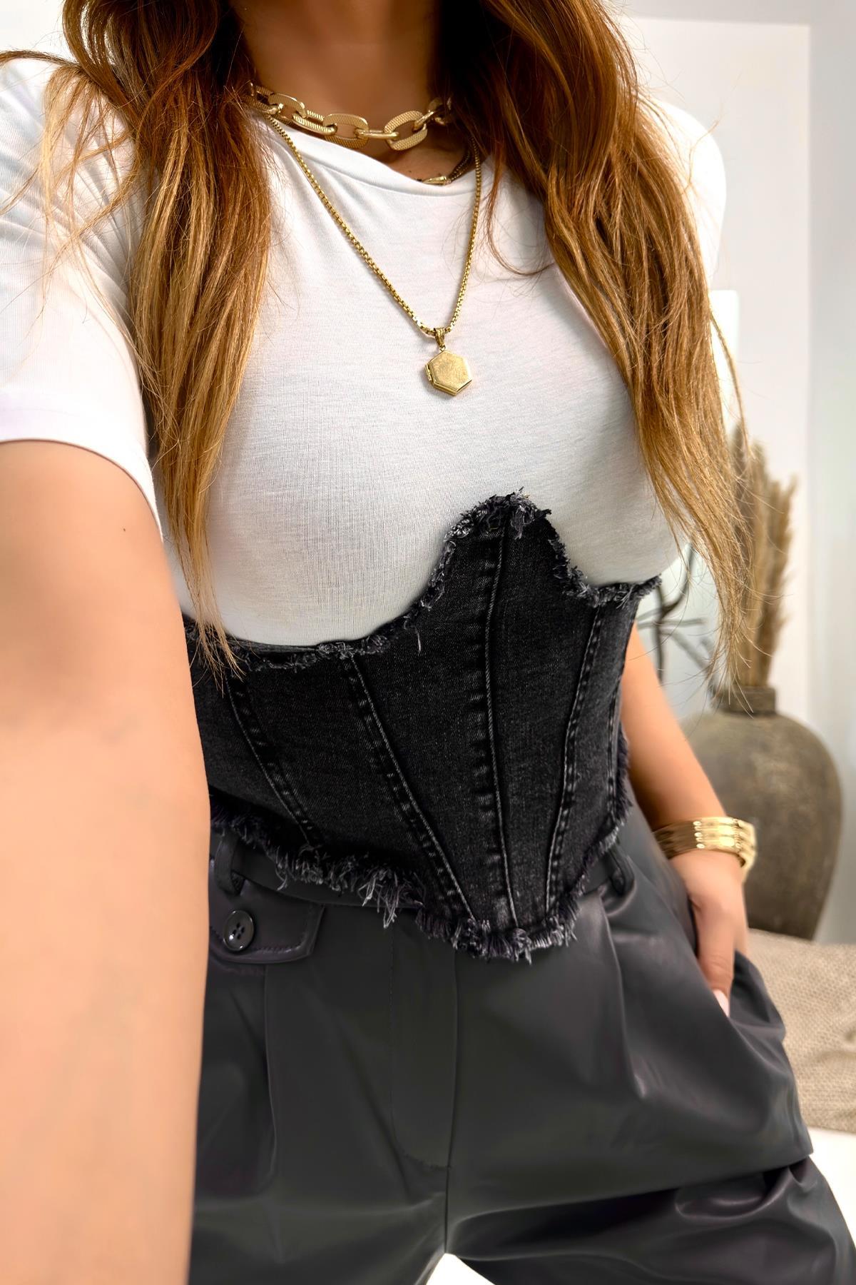 Jean Korse Detaylı Crop Tshirt Füme-Beyaz