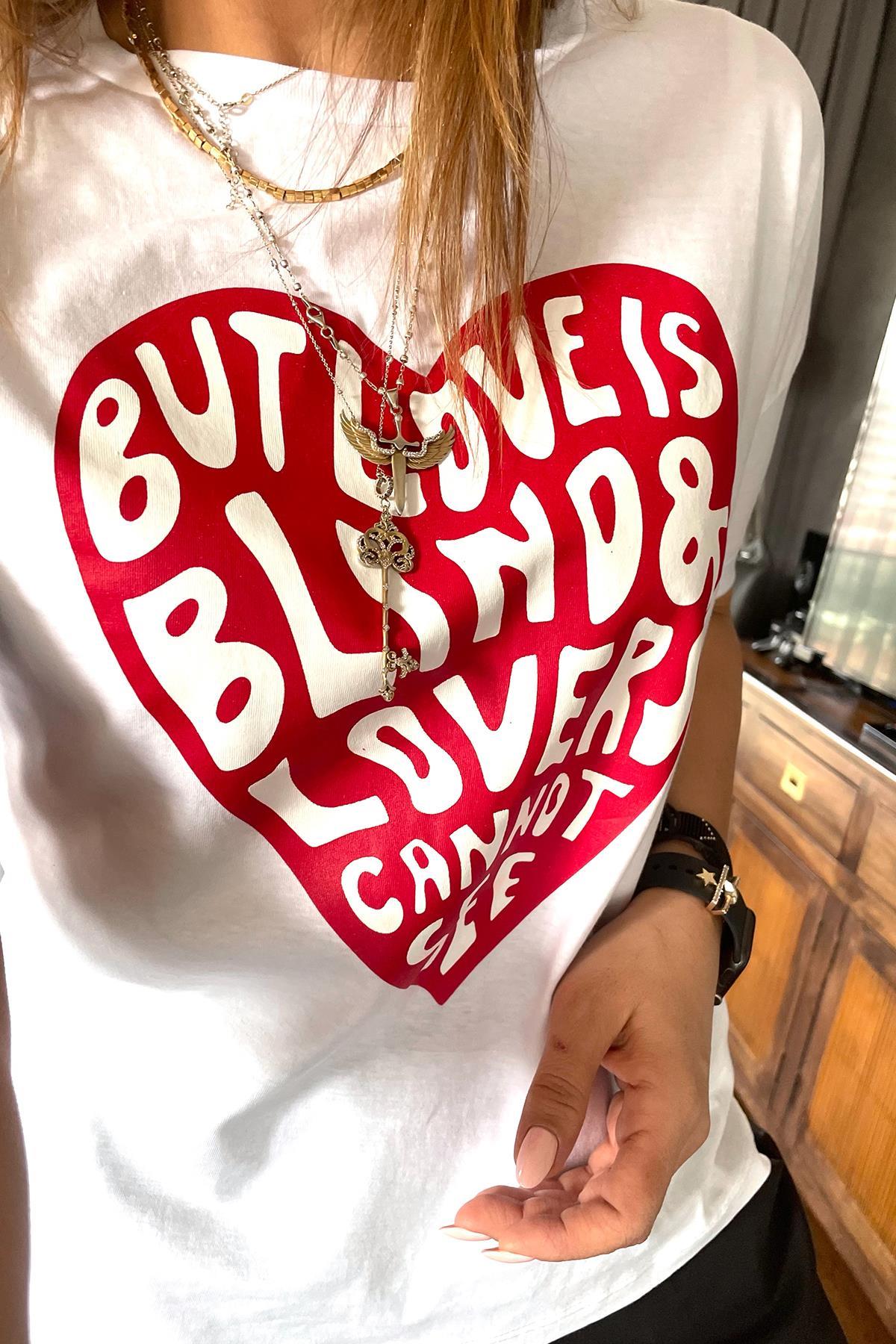 Kalp Baskılı Tshirt Beyaz