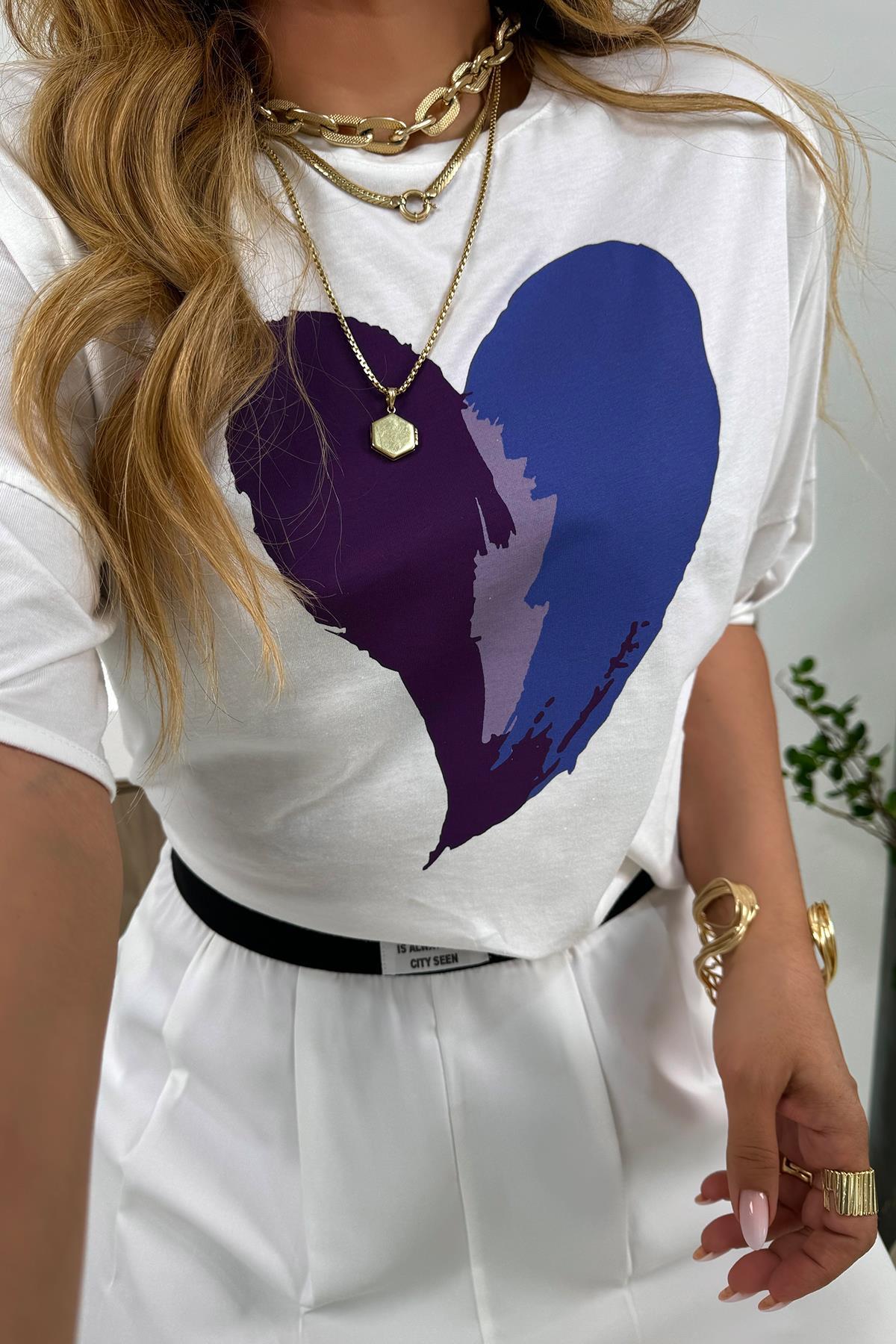 Kalp Baskılı Tshirt Ekru