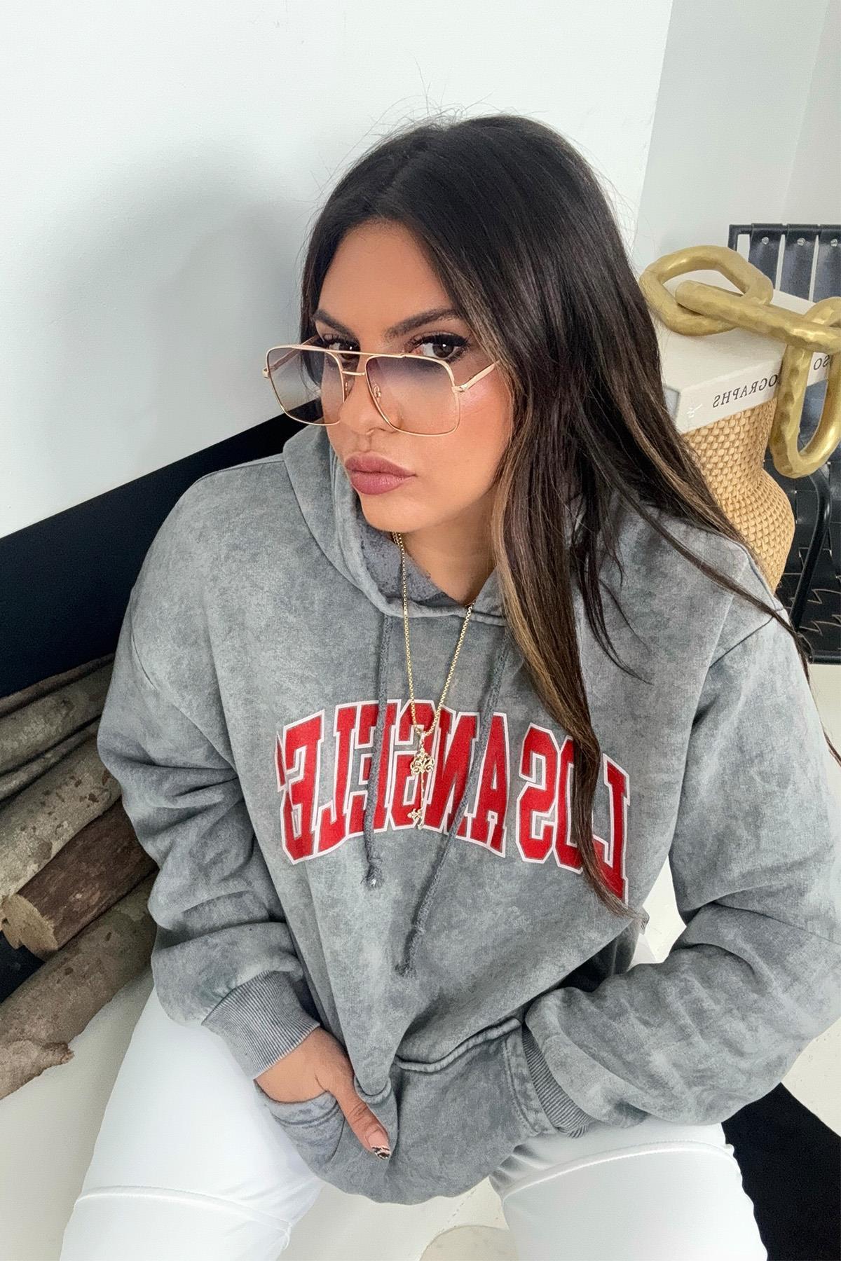 Kapüşonlu Los Angeles Sweatshirt Gri