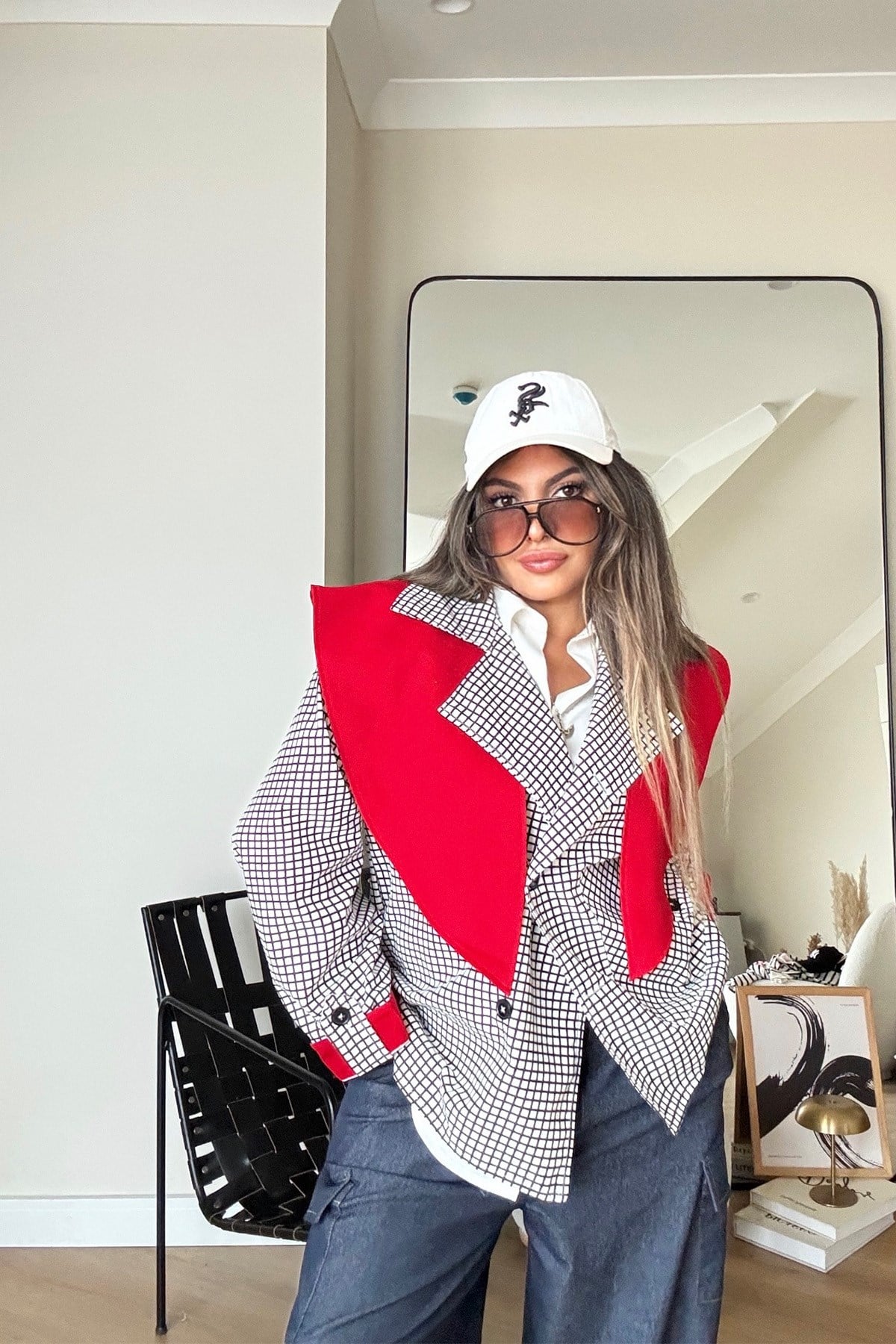 Kareli Kontrast Yaka Detay Trenchcoat Siyah-Beyaz