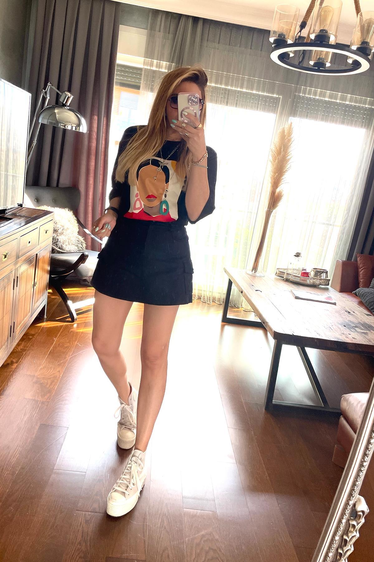 Kargo Cepli Gabardin Şort Etek Siyah