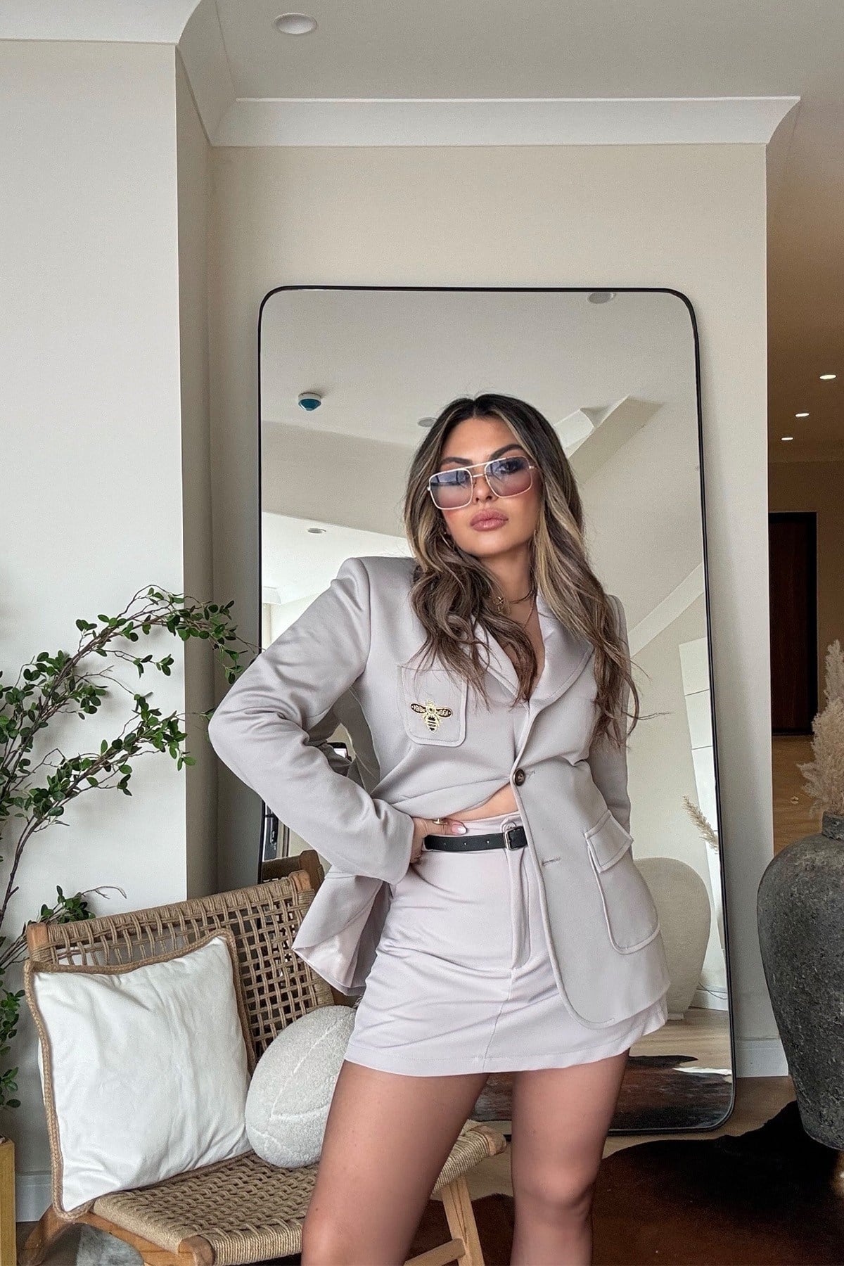 Kemerli Şort Etek Açık Gri