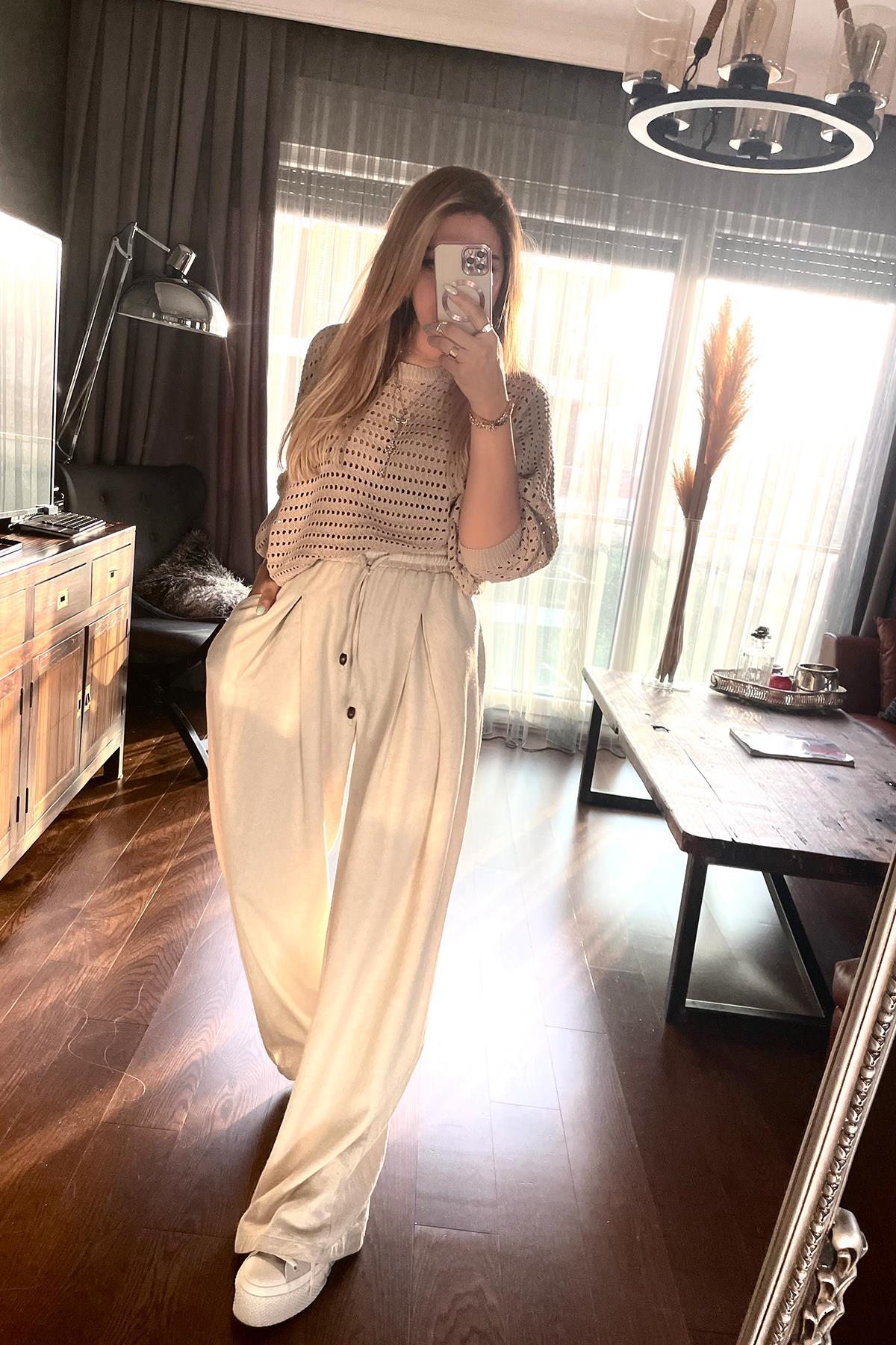 Keten Beli Lastikli Pileli Pantolon Bej