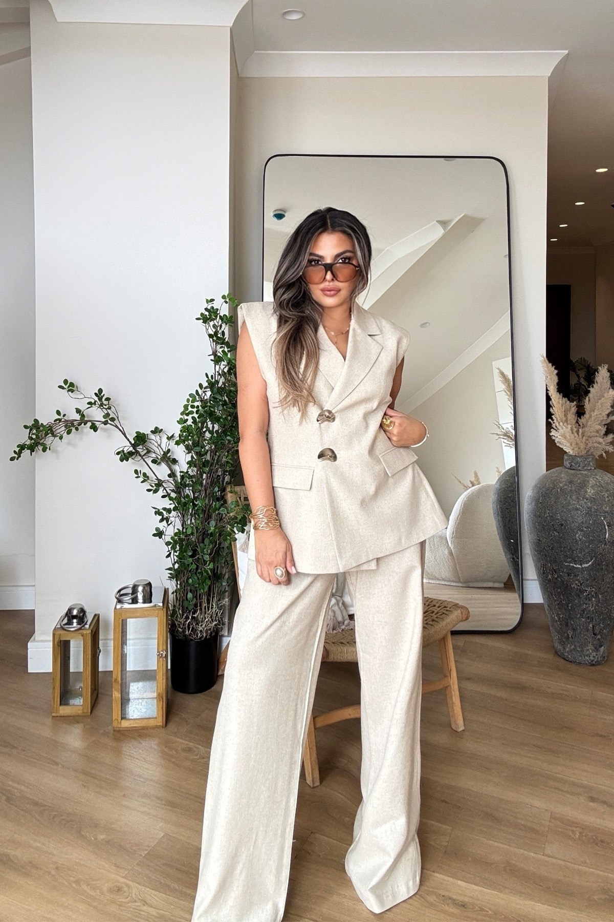 Keten Gold Düğmeli Blazer Yelekli Takım Taş