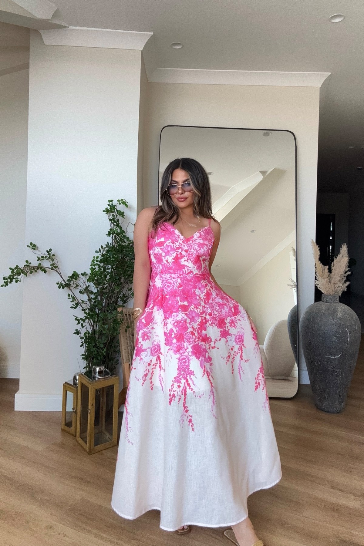 Keten İnce Askılı Çiçekli Elbise Pembe