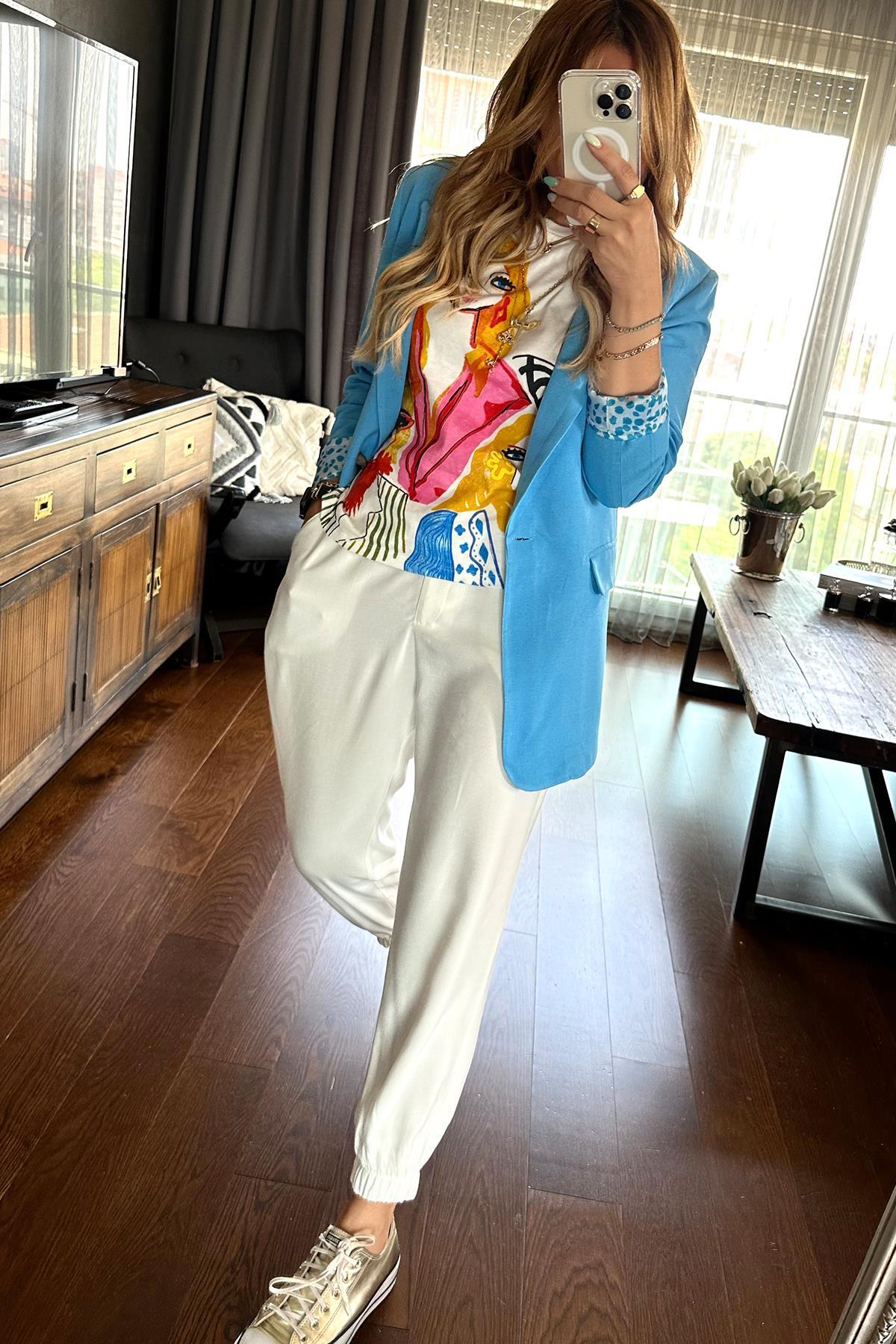 Keten Pamuk Blazer Ceket Mavi