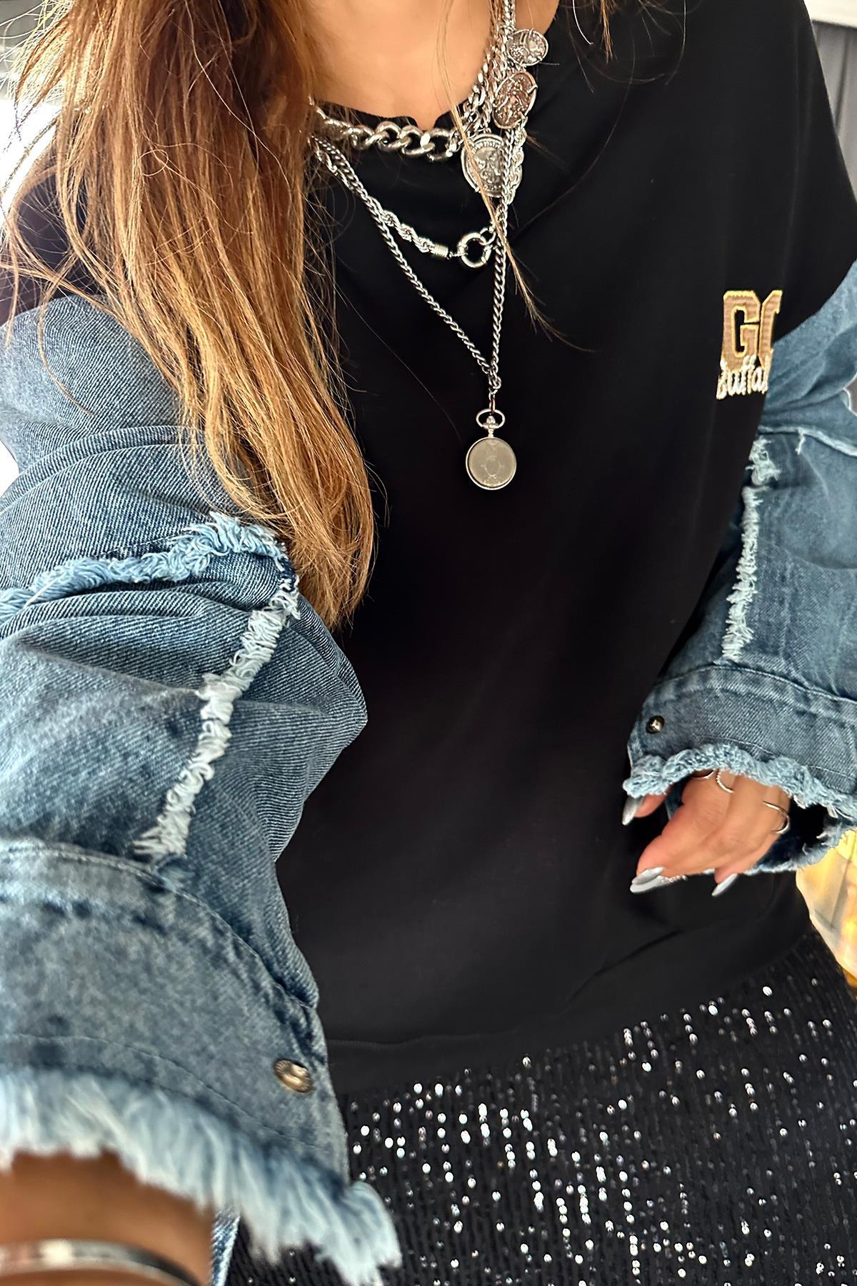Kolları Jean Garnili Go Sweatshirt Siyah