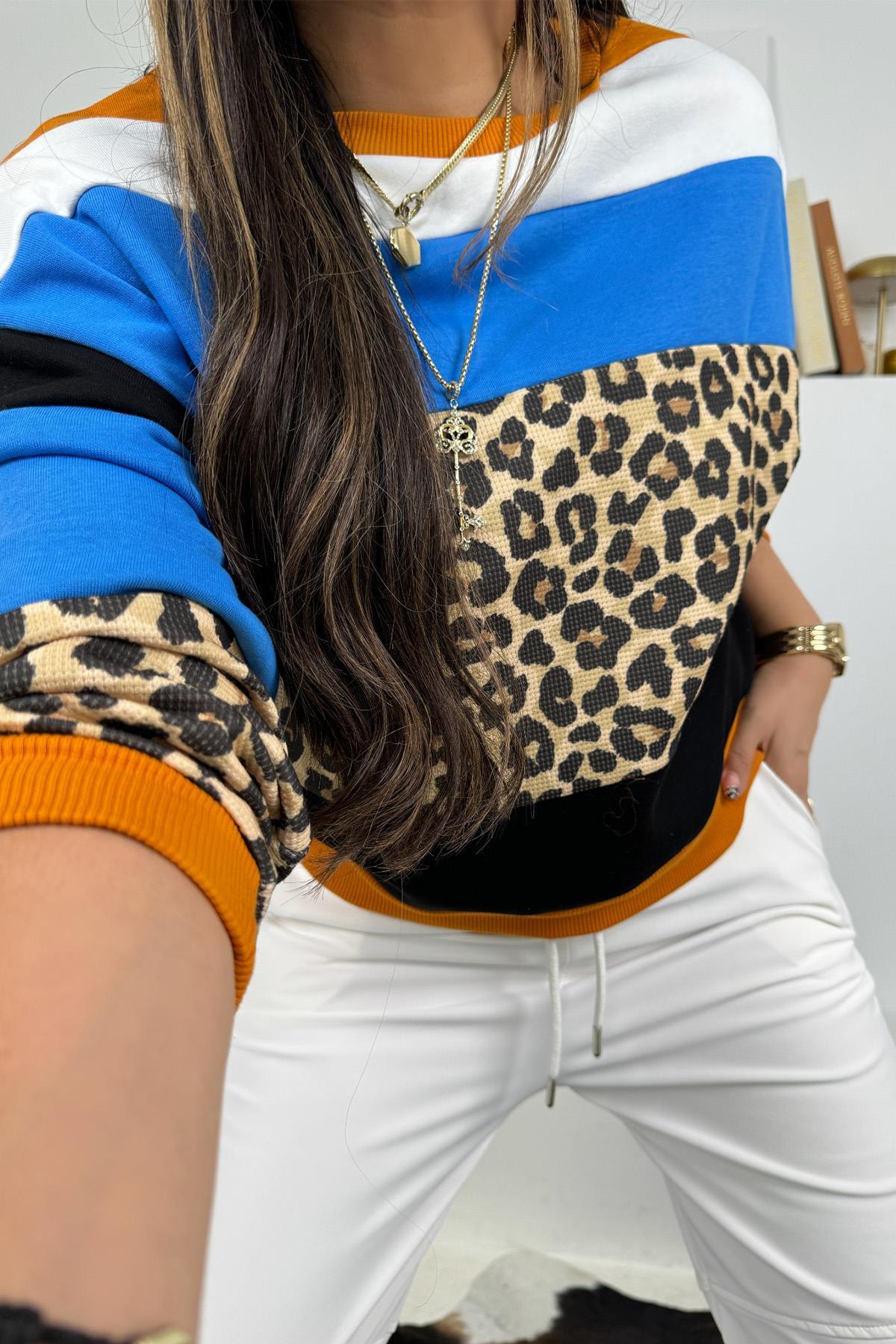 Kontrast Bloklu Leopar Sweatshirt Renkli